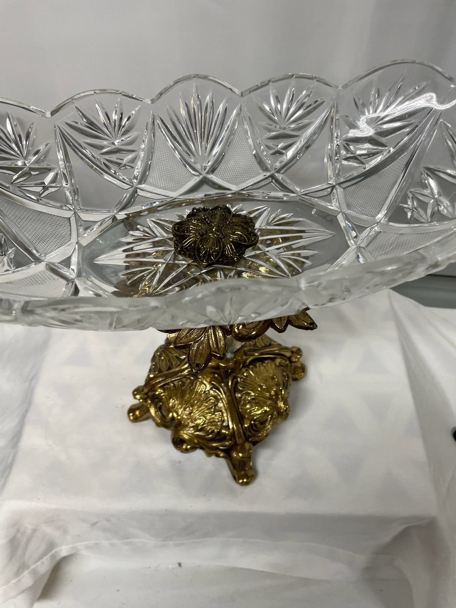 Antique Crystal SawTooth Cut Fruit Bowl on Brass Pedestal - 3