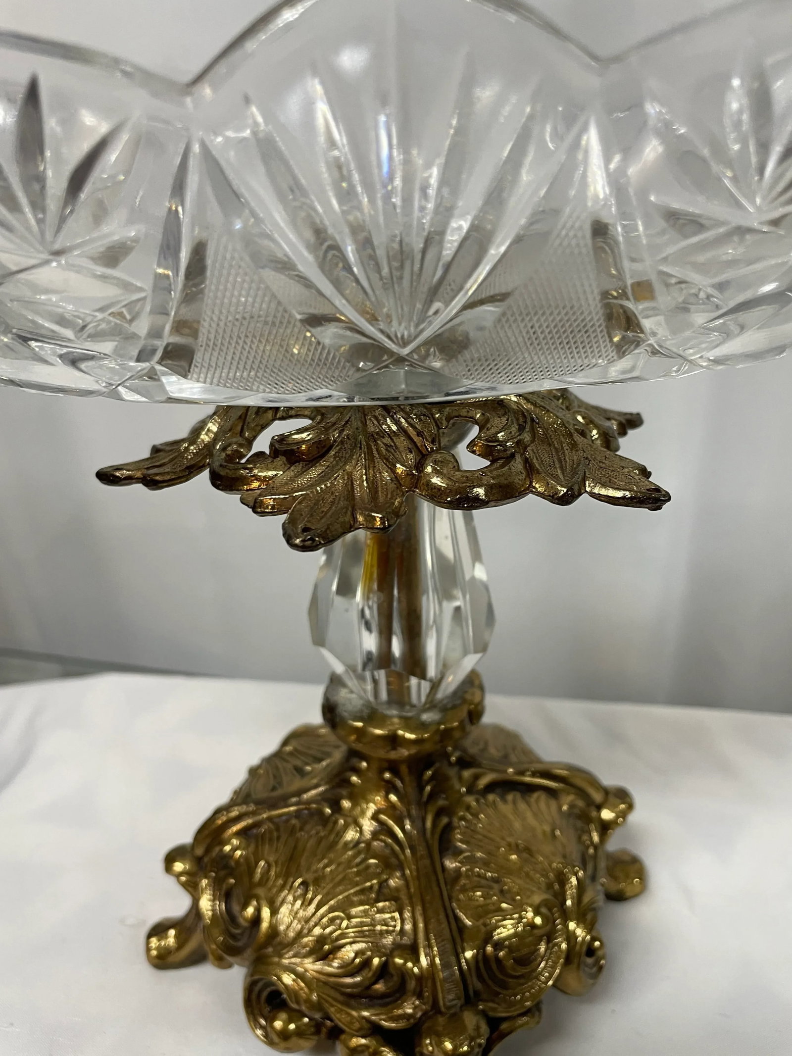 Antique Crystal SawTooth Cut Fruit Bowl on Brass Pedestal - 4