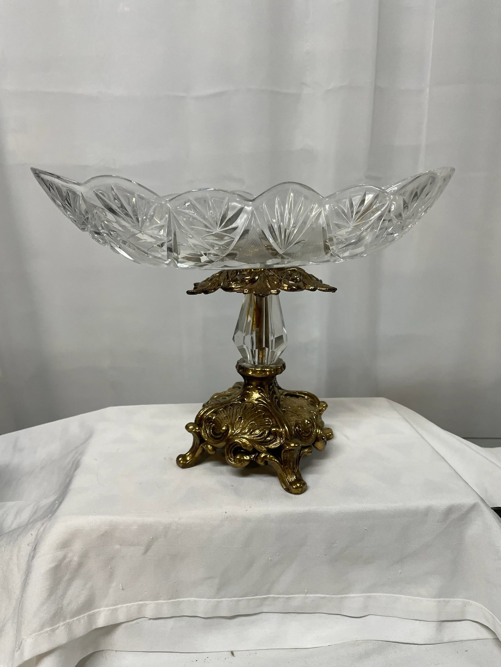 Antique Crystal SawTooth Cut Fruit Bowl on Brass Pedestal - 6