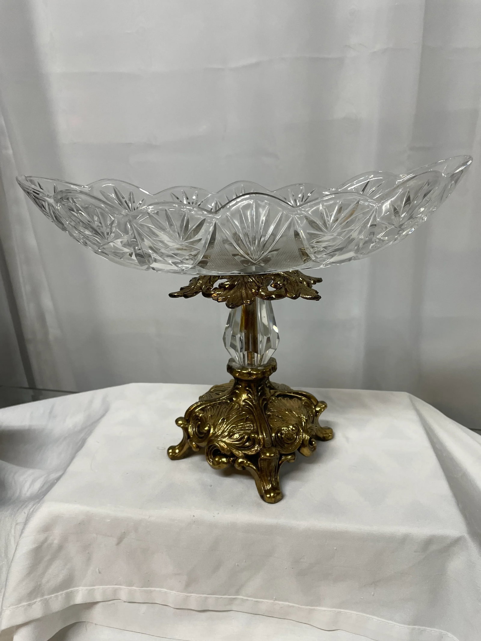 Antique Crystal SawTooth Cut Fruit Bowl on Brass Pedestal - 7