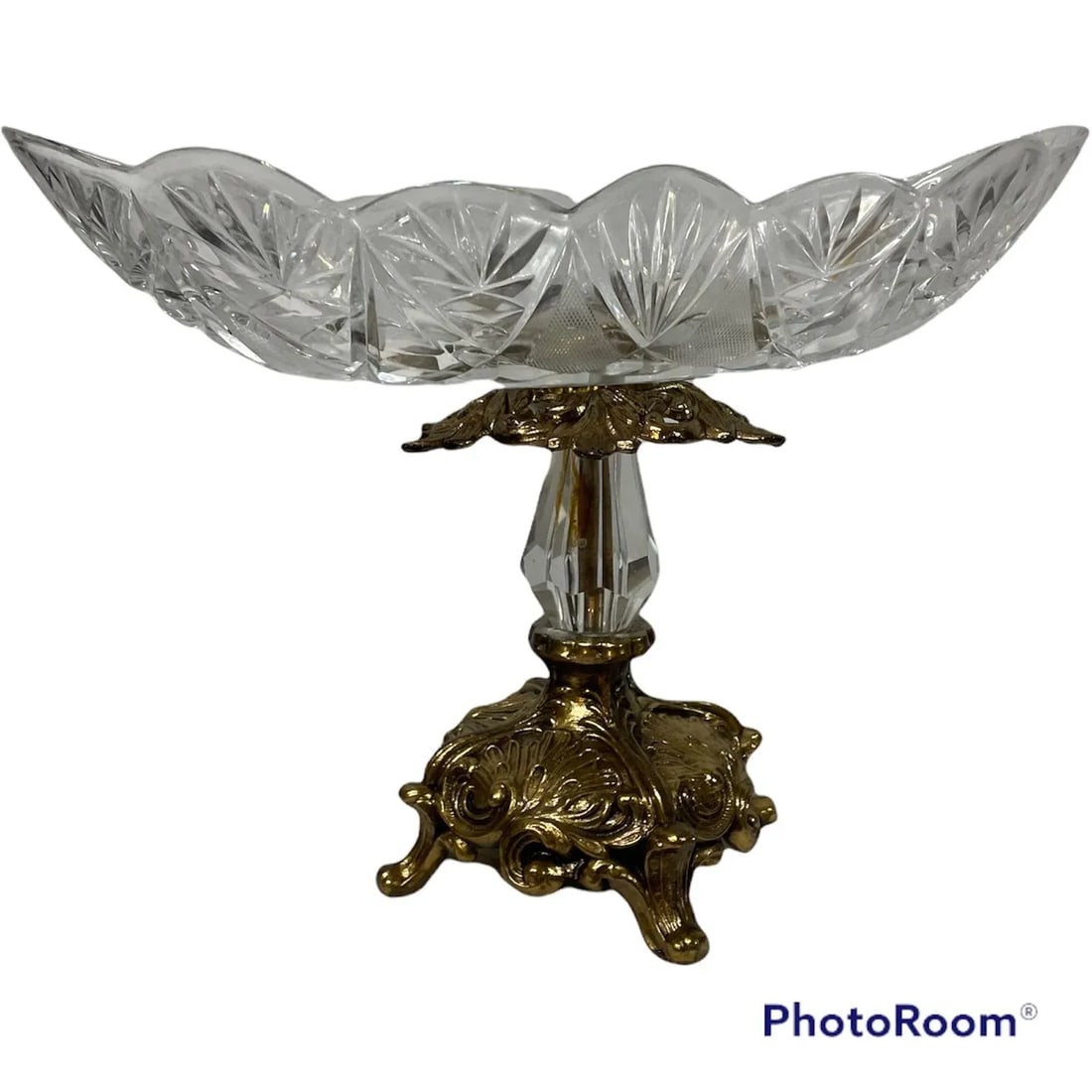 Antique Crystal SawTooth Cut Fruit Bowl on Brass Pedestal - 8