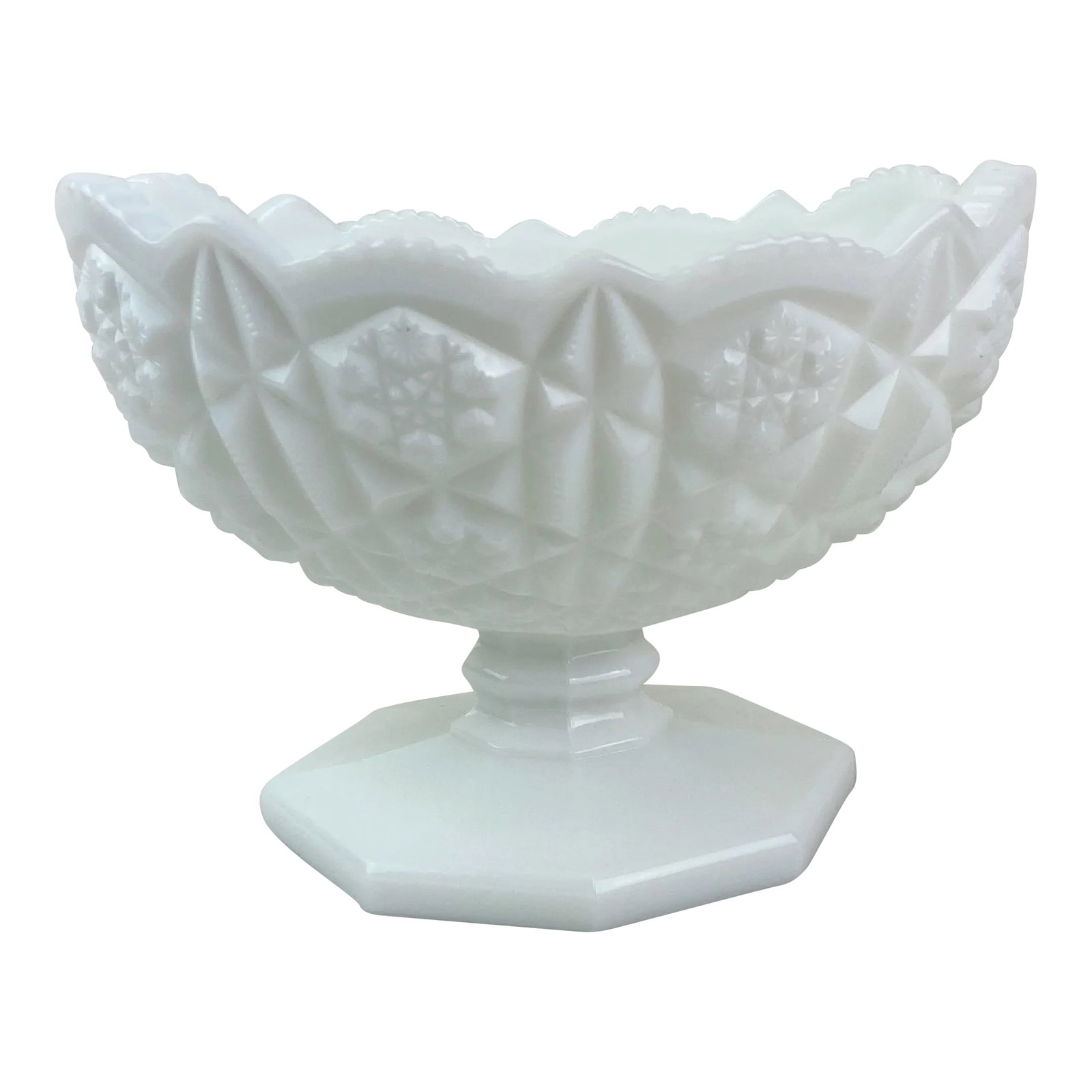 1960s Kemple Toltec Milk Glass White Oval Pedestal Bowl: Kemple Toltec Milk Glass White Oval Pedestal Bowl Beautiful pressed milk glass. Etched Toltec pattern. Pedestal base. Oval shaped bowl. Scalloped edge. So fun for many uses: fruit, ornaments,