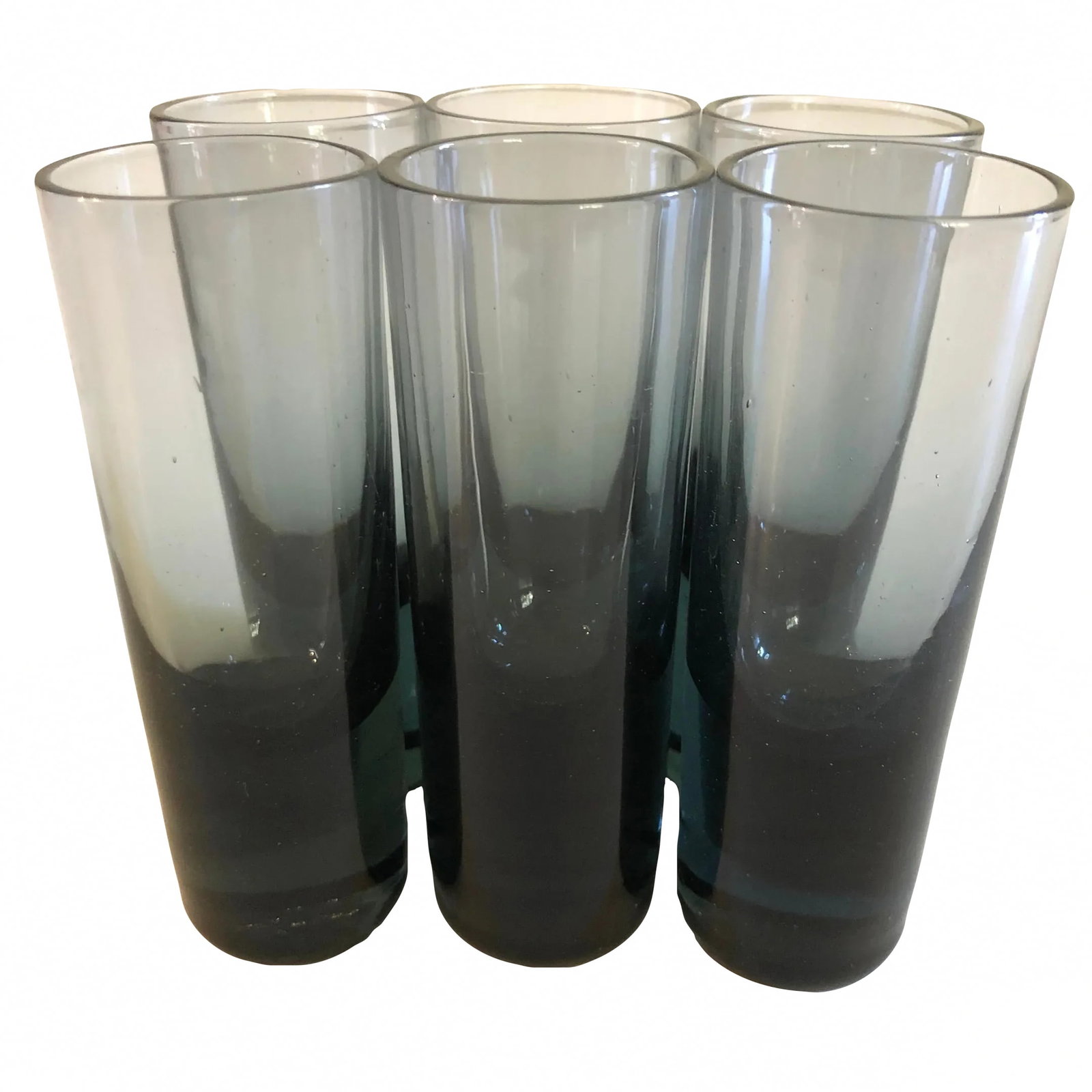 Vintage Gray Smoked Glass Shot Glasses Bud Vases--Set of 6: Mid-Century Modern shot glasses. Smoked gray glass with thick, cylindrical base. Holds about 2.5 ounces. Measures about 1.5" diameter and 4.25" tall. Would be cute bud vases, too! Condition: