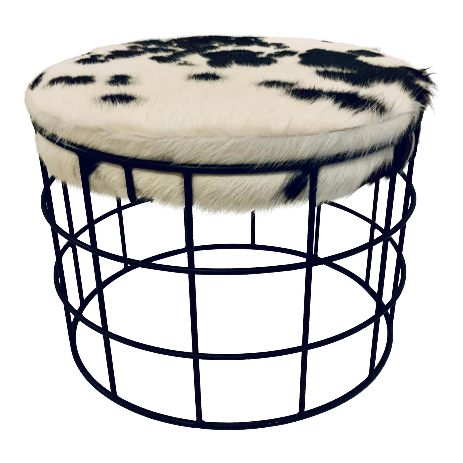 Modern Hair on Hide Ottoman: Stylish Modern Hair on Hide Ottoman, black metal base, showroom floor sample Condition: Imperfections: Some Imperfections Condition Notes: Showroom floor sample, not brand new from a box but never use