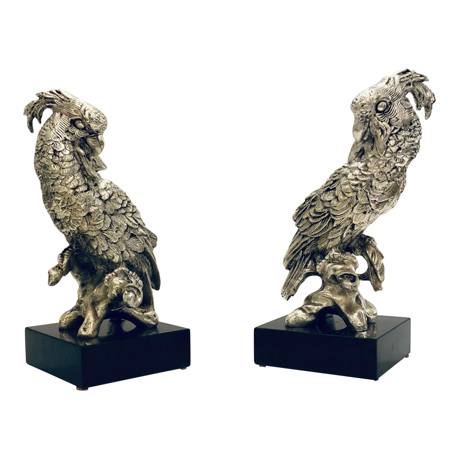 Modern Silvered Bronze Cockatoo Sculptures Pair: Stylish Modern Silvered Bronze Cockatoo Sculptures Pair, black stone bases, showroom floor samples Condition: Imperfections: Some Imperfections Condition Notes: Showroom floor sample, not brand new