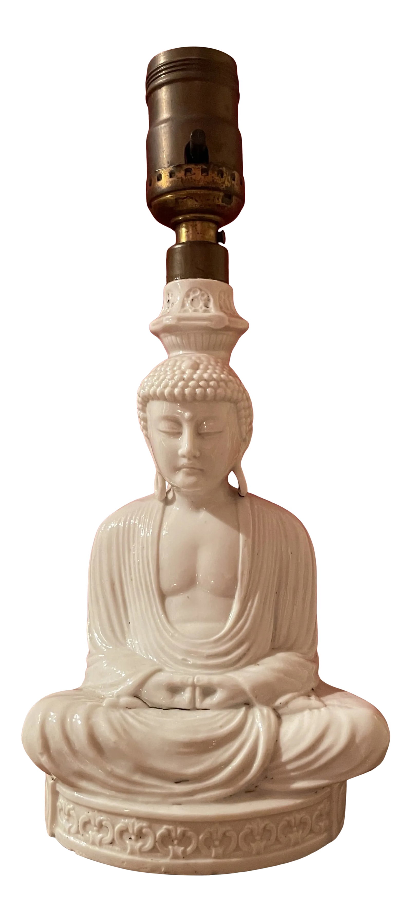 1920s Small Blanc De Chine Seated Buddha Lamp: This sweet lamp is of a Buddha sitting in a lotus position. It is blanc de chine porcelain and perfect for a desk or occasional table. Condition: Alterations: Original Condition Unaltered