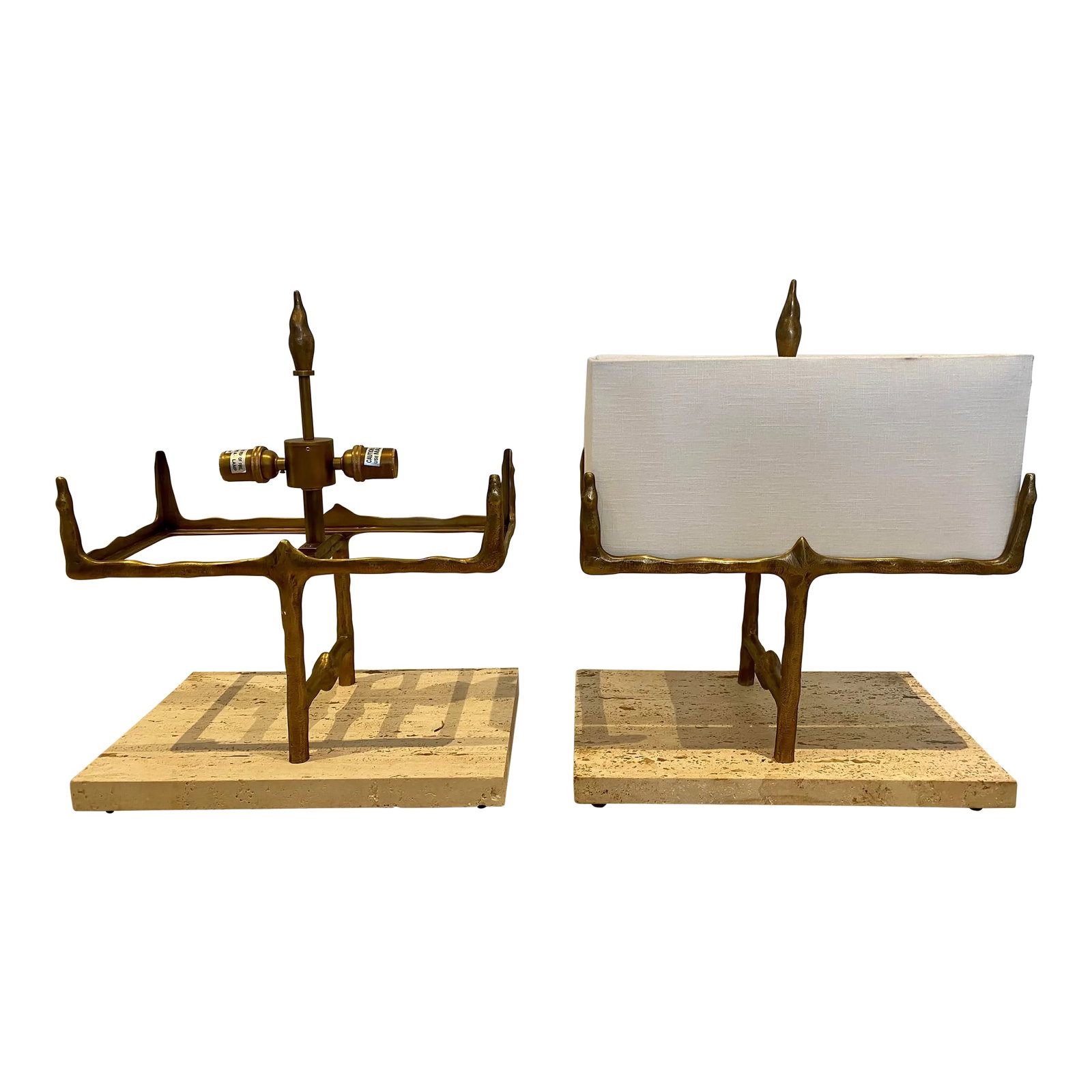 Global Views Ghent Table Lamps Bronze and Travertine - a Pair: These are WOW! Global Views Ghent Table Lamps are made of heavy cast bronze with a natural travertine base. These are substantial, top quality lamps. Shade only shown for reference. New shades