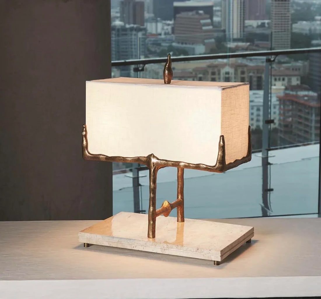 Global Views Ghent Table Lamps Bronze and Travertine - a Pair - 5