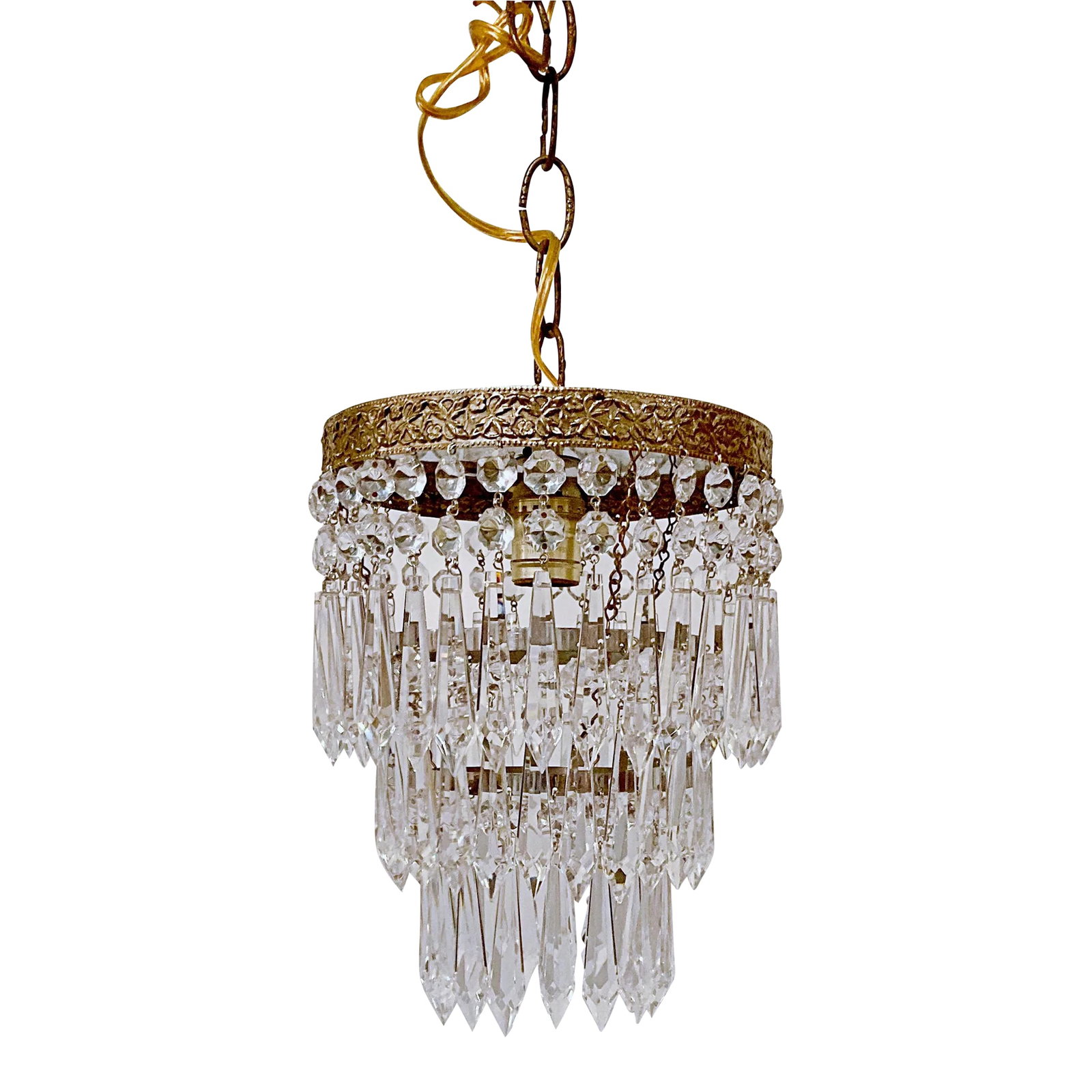 Mid 20th Century Italian Brass Upside Down Layered Cake Chandelier: This is an Italian brass rim chandelier dressed with octagon bead and Plug cut crystals. It has 1 Edison base socket. Restored and rewired. #294 Condition: Alterations: Original Condition Unaltered