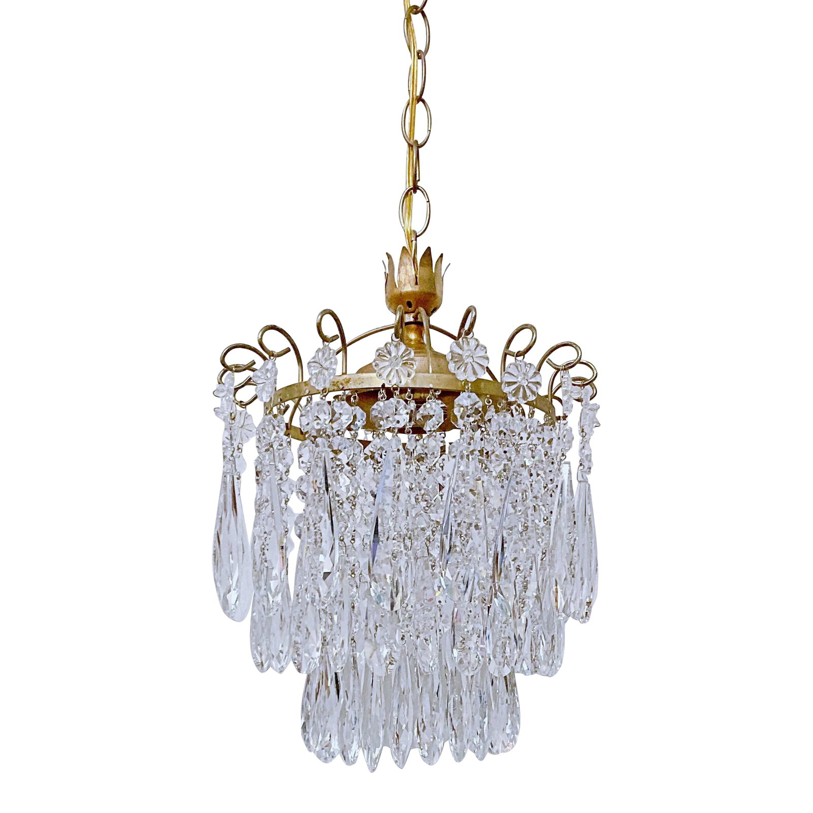 Vintage 1960s Small Brass Chandelier: This is a small chandelier with the brass frame and hand polished cut teardrops. It has one Edison based socket that it was rewired. # 309 Condition: Alterations: Original Condition Unaltered Imperfec