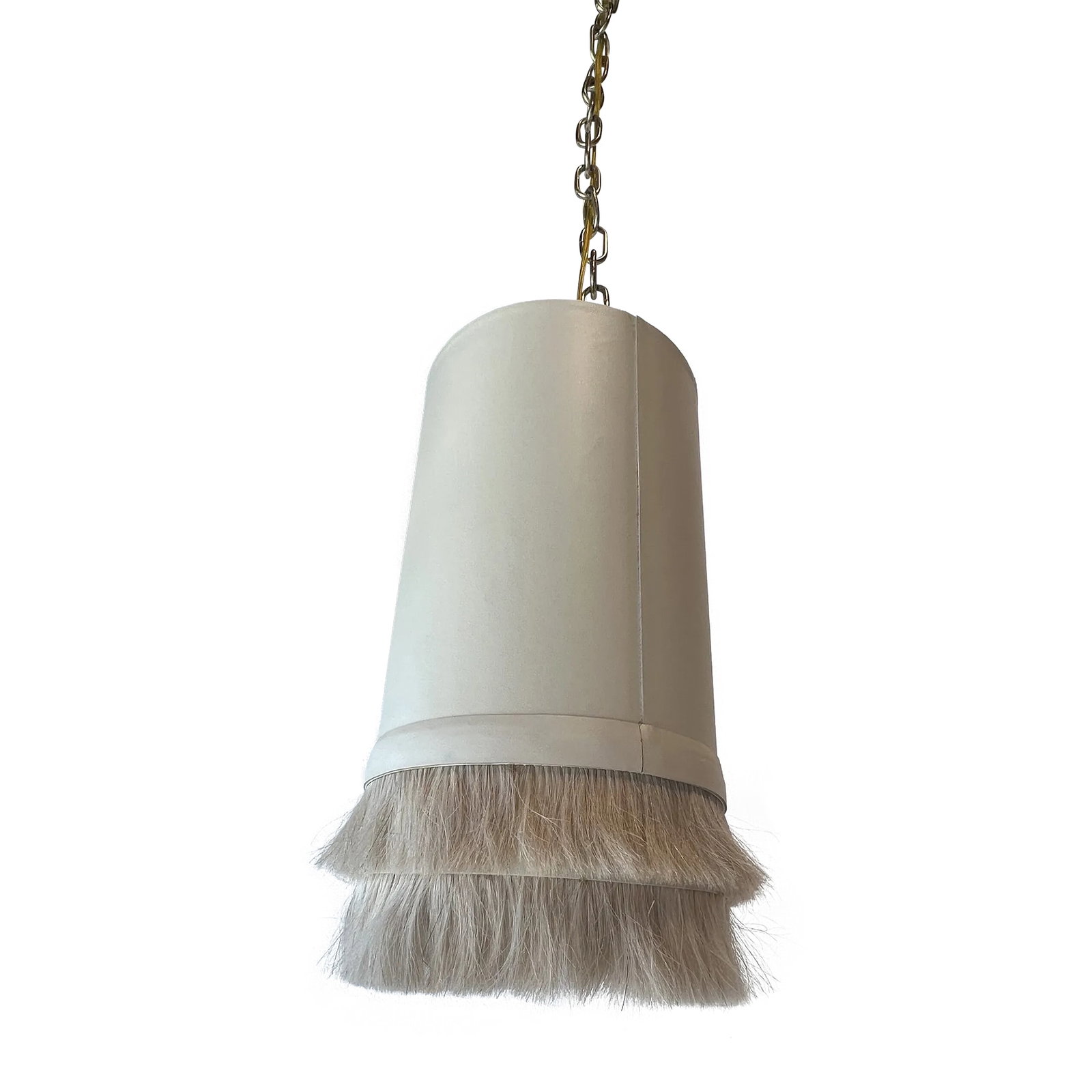 Sho Modern Filly Pendant Light: Dimensions: 8" Dia x 16" H Fixture 72" adjustable chain/cord 5" dia x 5" h canopy Gold cord, off-white shade with hair fringe Condition: Alterations: Original Condition Unaltered Imperfections: Some