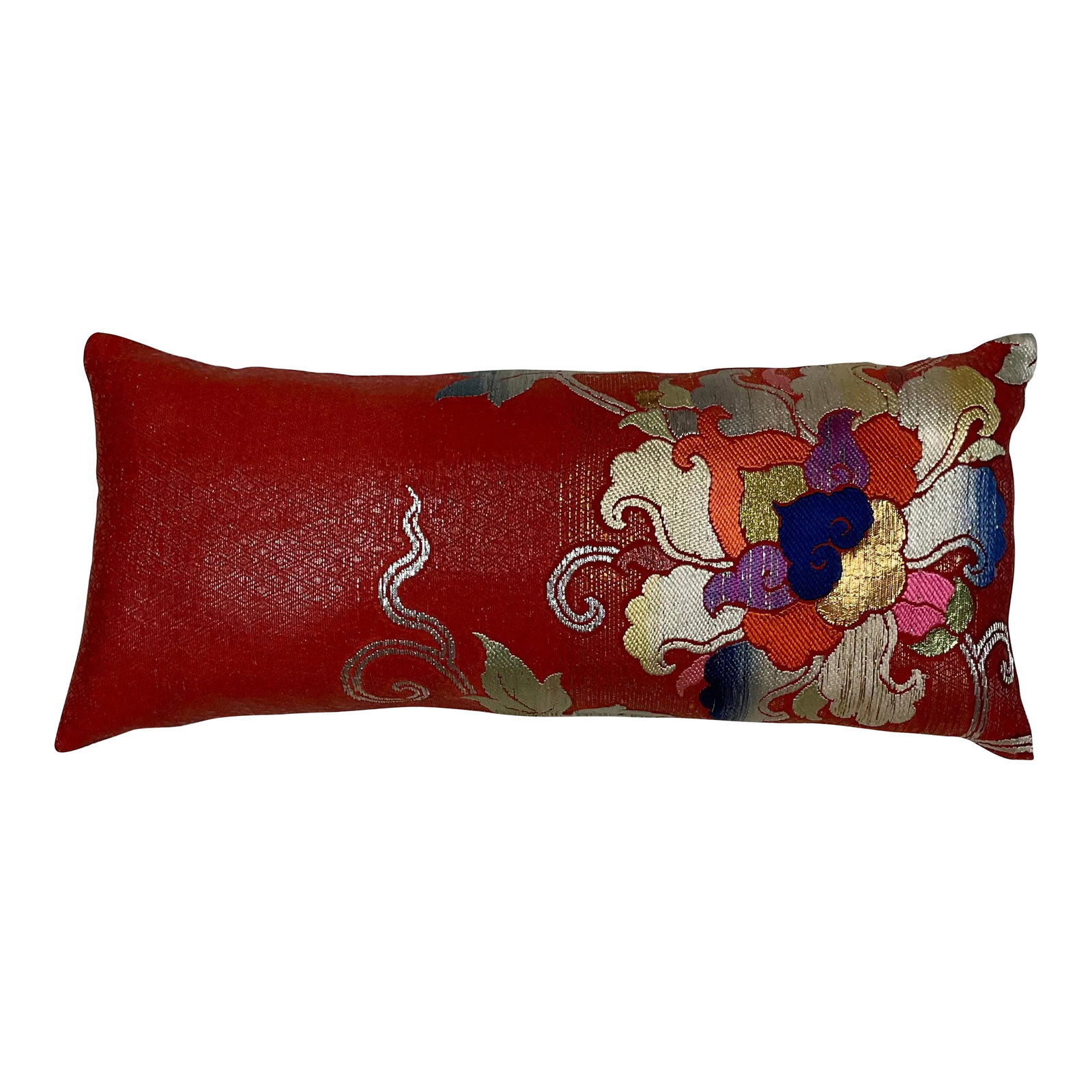 Vintage Single Double-Sided Pillow: Beautiful pillow made of silk, cotton and silver and gold metallic threads, exceptional double side floral motif. New quality insert. Condition: Alterations: Original Condition Unaltered