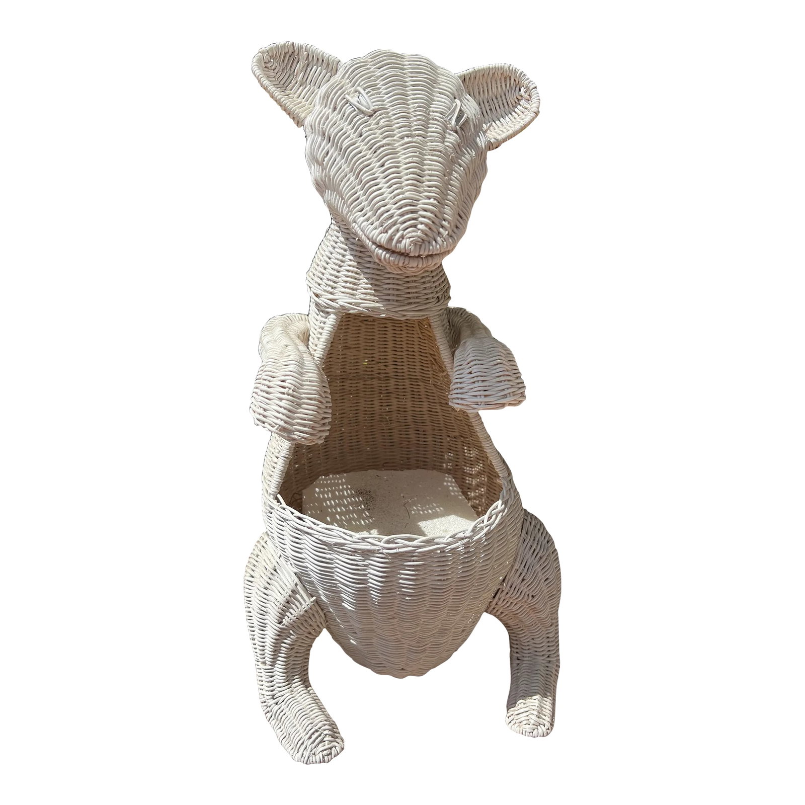 Vintage Boho Wicker Kangaroo Basket Planter: Cutest vintage white wicker kangaroo basket. Constructed of a metal frame with wicker wrapping. Can be used as a basket or as a planter. Condition: Alterations: Original Condition Unaltered Imperfecti