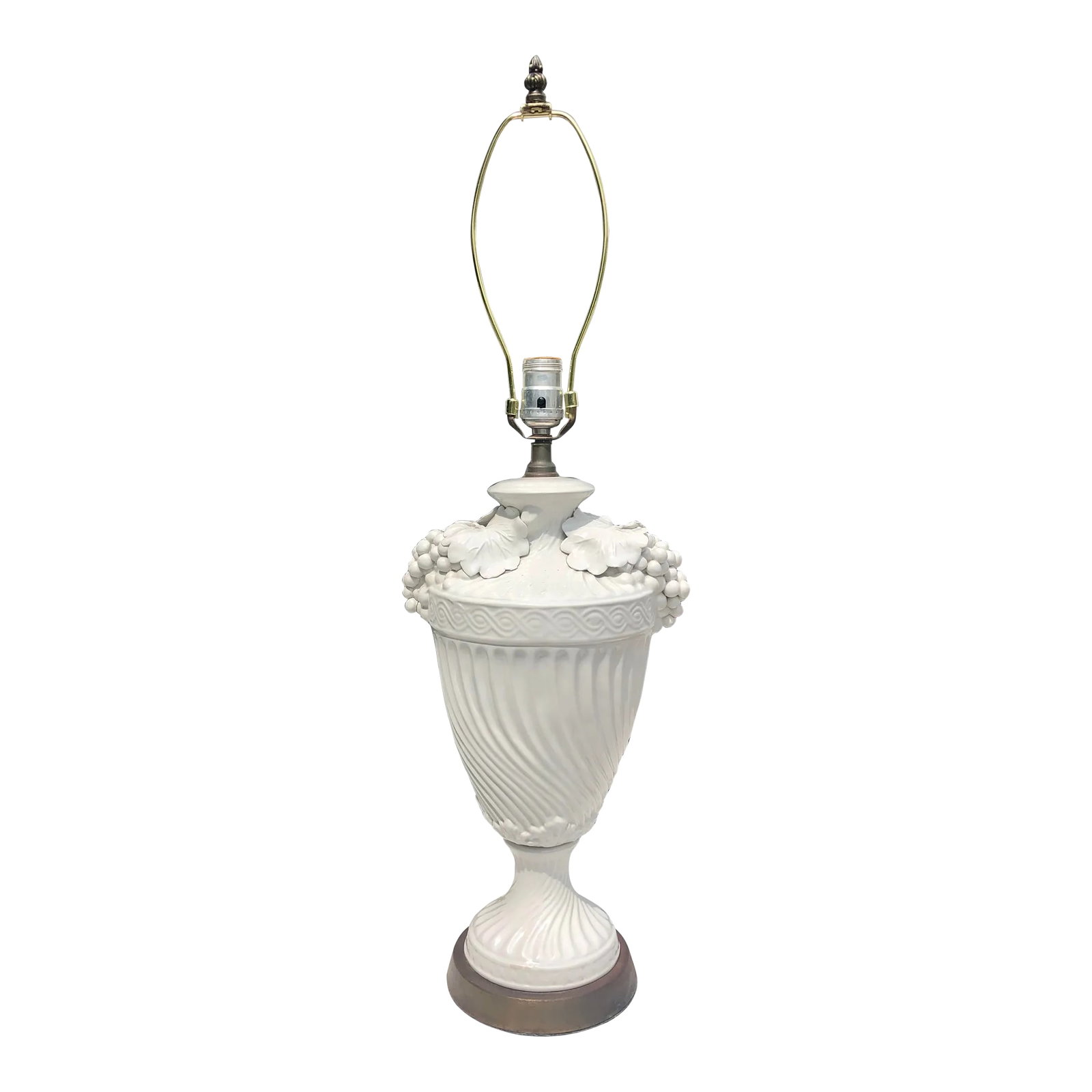Antique Italian Capodimonte Style Vase Lamp: Striking antique table lamp in the Italian Capodimonte style. Artisan-made porcelain base bears bespoke imperfections to the clay work and glaze, characteristic of the craft and finish of a handmade p