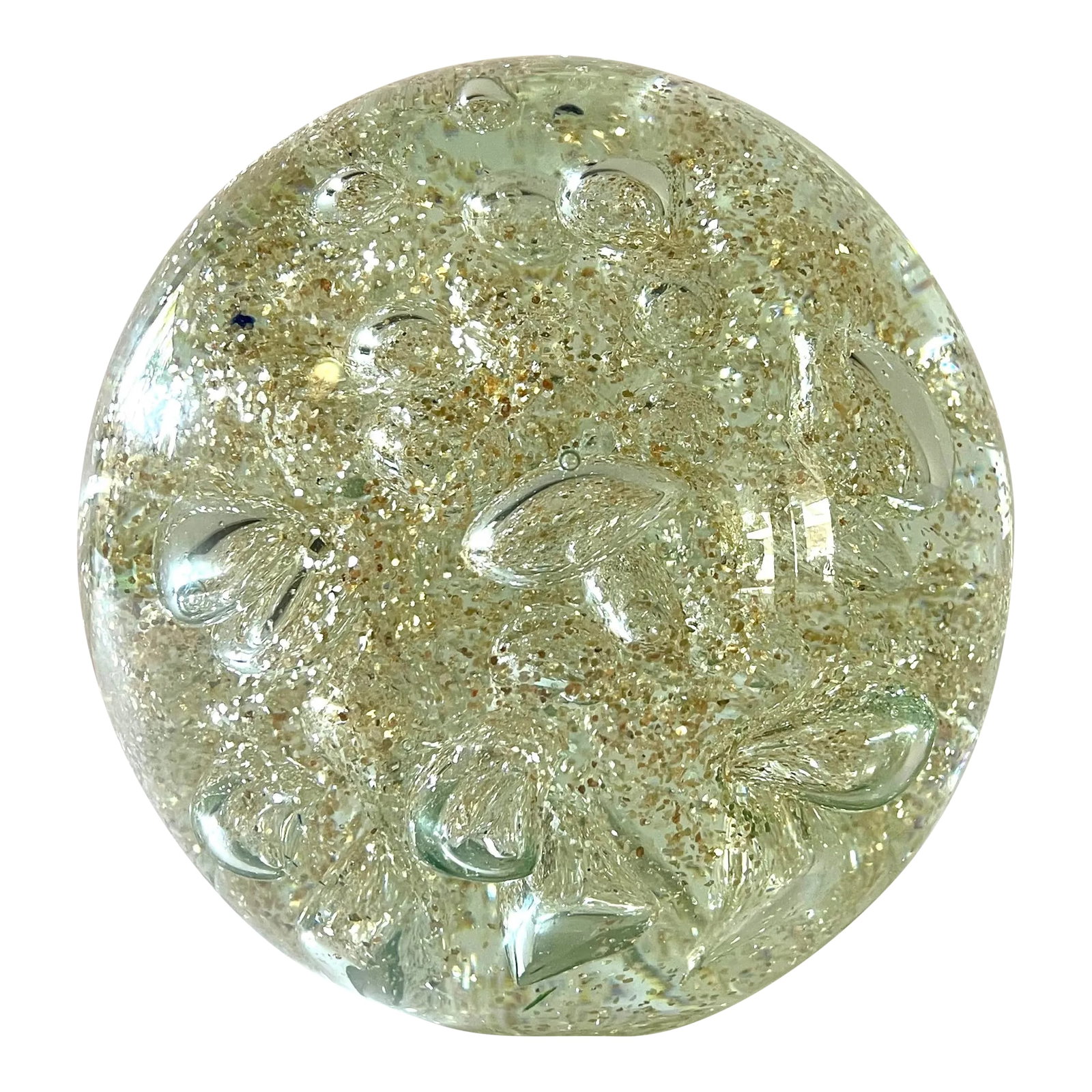 Large Vintage Art Glass Sphere Paper Weight: Large vintage art glass sphere with gold glitter and controlled bubbles within. This is bigger than a paperweight. It is large enough to display o its own or in a cluster. Condition: Alterations: