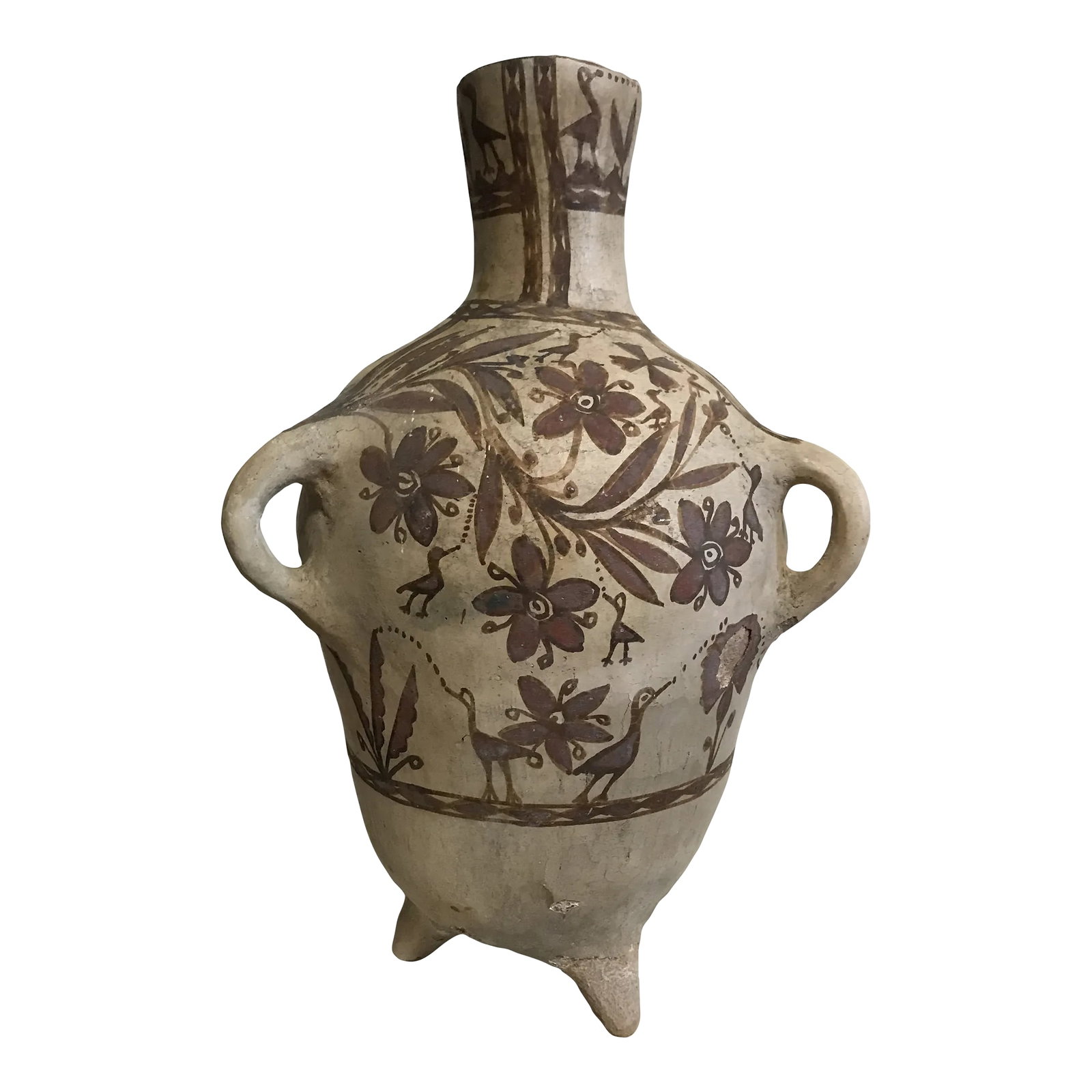 Prehispanic Hand Painted Mexican 3 Footed Vessel: Indigenous terracotta fired ceramic vessel, Pottery from Mexico with three feet, tripod pedestal base, fluted neck and three rounded handles Pre Hispanic style, unknown year Hand painted with natural 