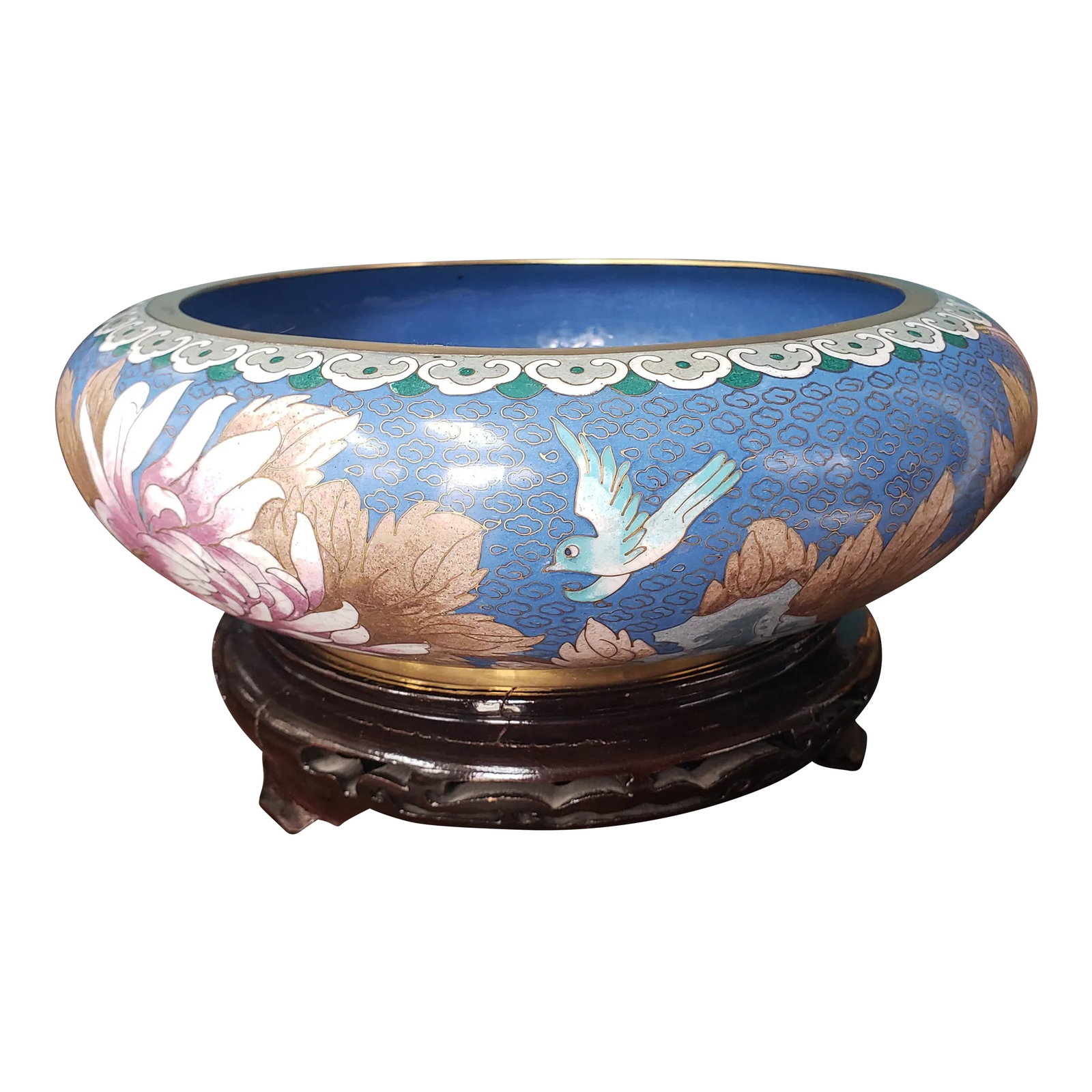 Chinese Cloisonne' Bowl Lotus Design on Carved Stand: Antique Chinese Cloisonne 12" Bowl Lotus Design on carved stand. Beautiful white and lavender Lotus flowers on a periwinkle background. Beautiful condition comes with carved wood stand. Condition:
