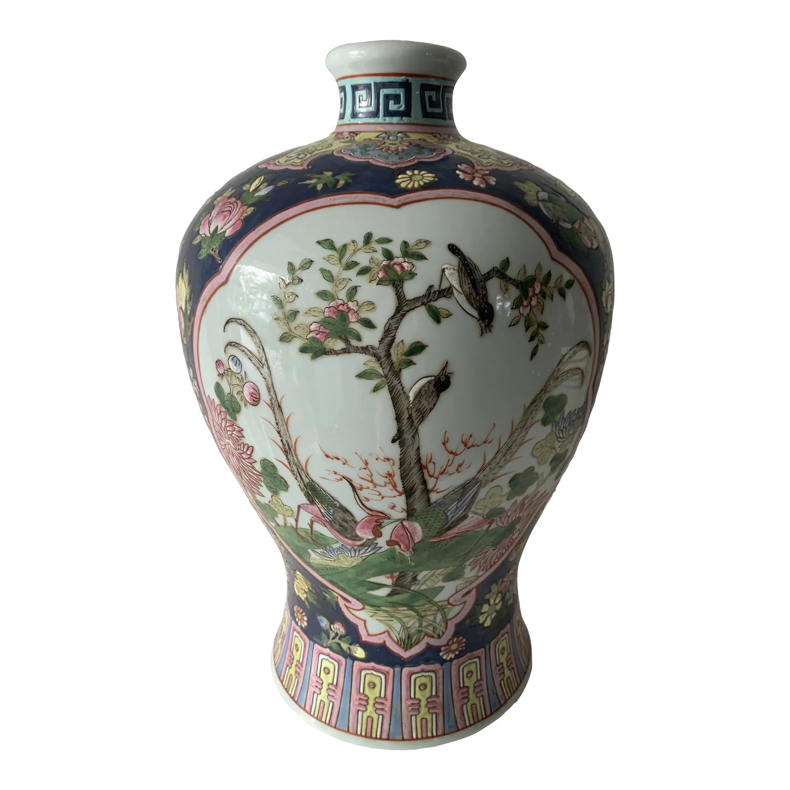 Vintage Blue & Pink Chinoiserie Ginger Jar Vase: Great ginger jar shape, with blue, pink, white, green and yellow colors. Greek key pattern at top and abstract chinoiserie design around bottom. Flowers all around and highlights of peacocks, smaller