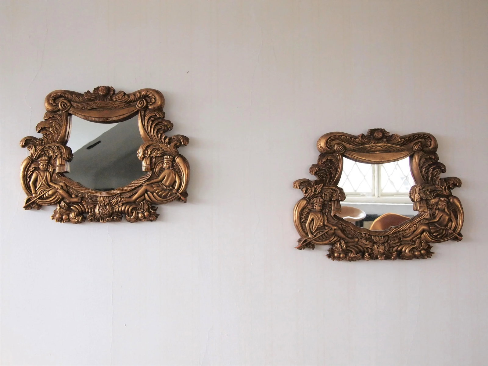Vintage Rococo Syroco Style Carved Relief Frame Wall Mirrors in Gilt Molded Plaster Native Islander - 12