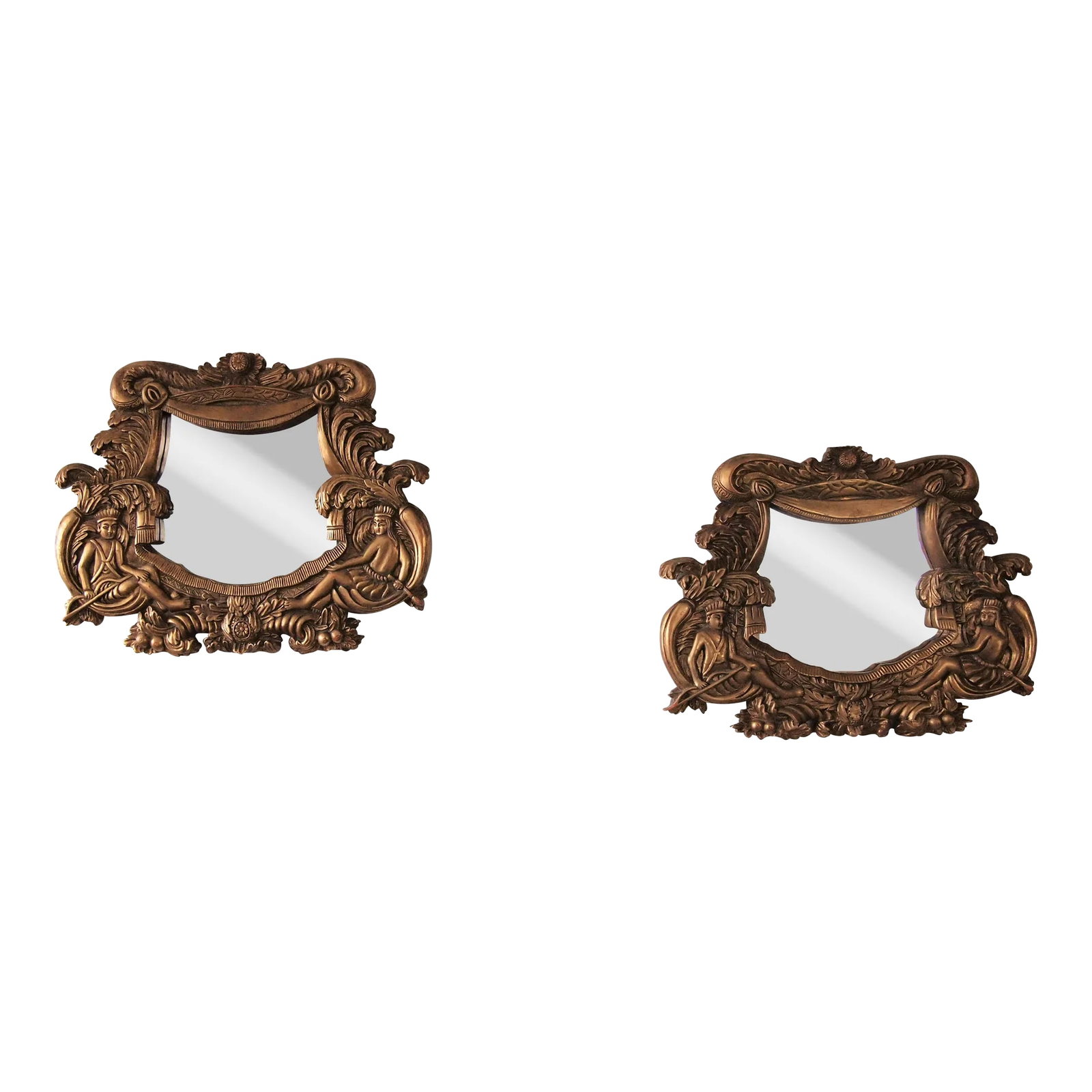 Vintage Rococo Syroco Style Carved Relief Frame Wall Mirrors in Gilt Molded Plaster Native Islander: Pair 2 Vintage CARVED RELIEF Frame Wall MIRRORS 16x20" Gilt Molded Plaster Native Islander Motif Rococo Syroco Style Beautiful pair (2) of ornate wall mirrors in Art Nouveau / Rococo / Syroco style. M