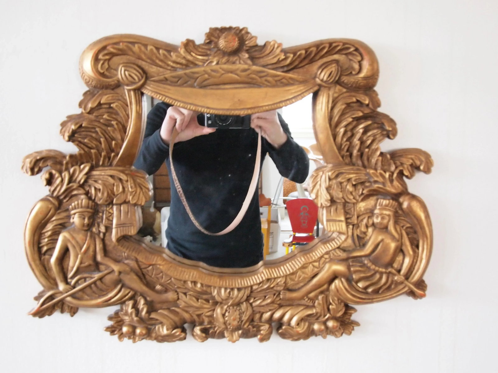 Vintage Rococo Syroco Style Carved Relief Frame Wall Mirrors in Gilt Molded Plaster Native Islander - 2