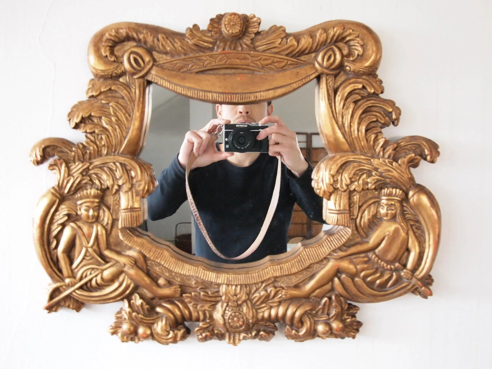 Vintage Rococo Syroco Style Carved Relief Frame Wall Mirrors in Gilt Molded Plaster Native Islander - 3
