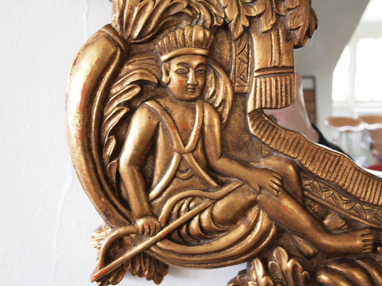 Vintage Rococo Syroco Style Carved Relief Frame Wall Mirrors in Gilt Molded Plaster Native Islander - 5