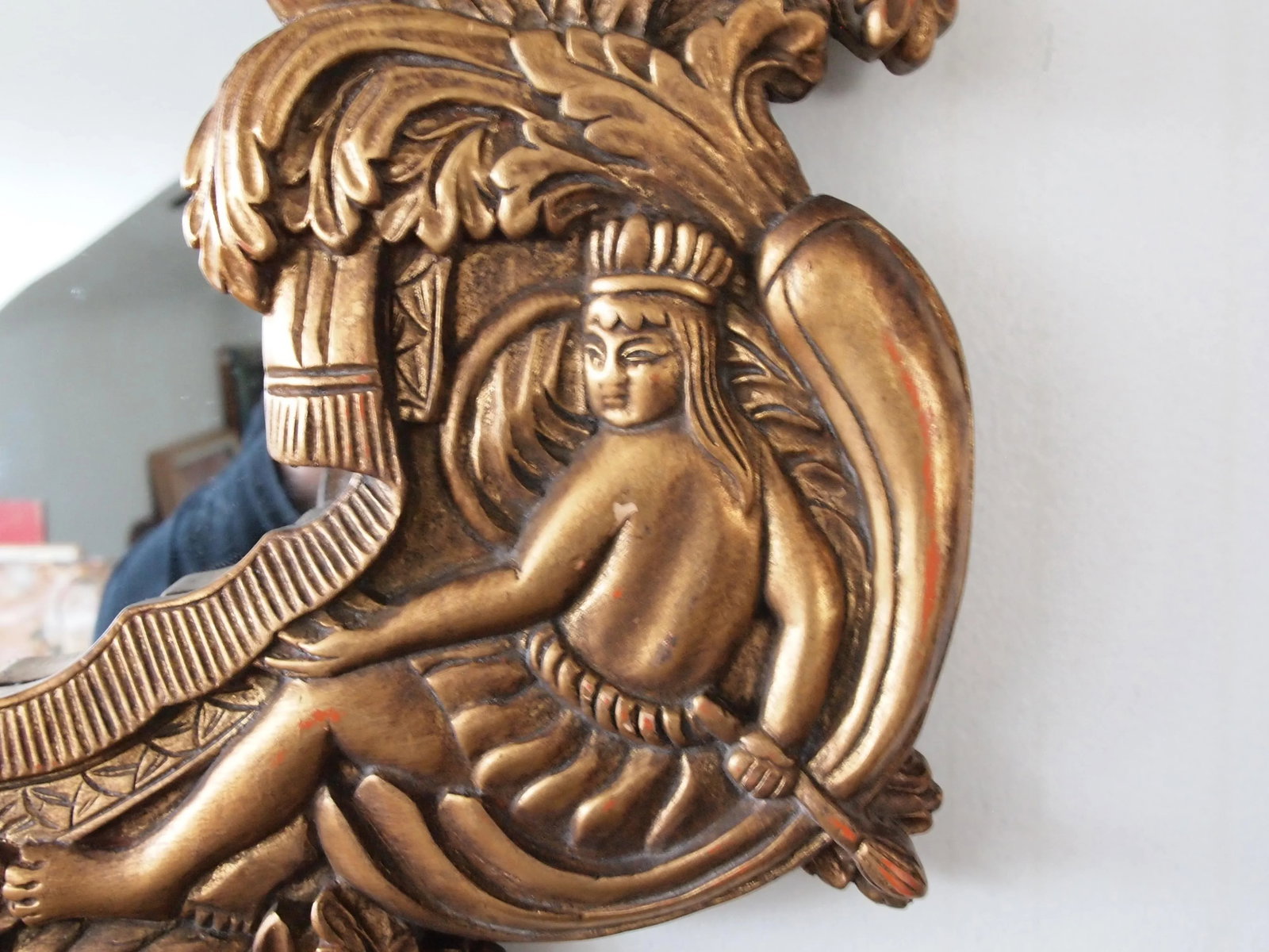 Vintage Rococo Syroco Style Carved Relief Frame Wall Mirrors in Gilt Molded Plaster Native Islander - 7