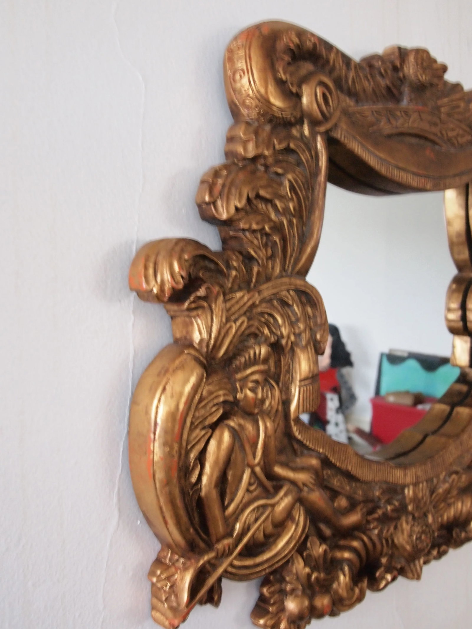 Vintage Rococo Syroco Style Carved Relief Frame Wall Mirrors in Gilt Molded Plaster Native Islander - 8