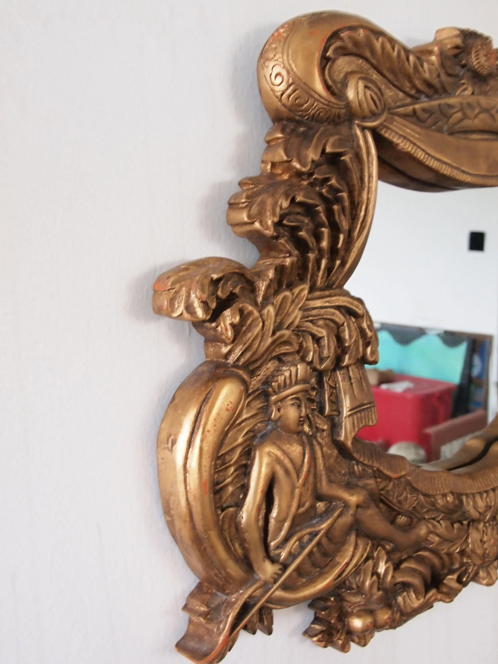 Vintage Rococo Syroco Style Carved Relief Frame Wall Mirrors in Gilt Molded Plaster Native Islander - 9
