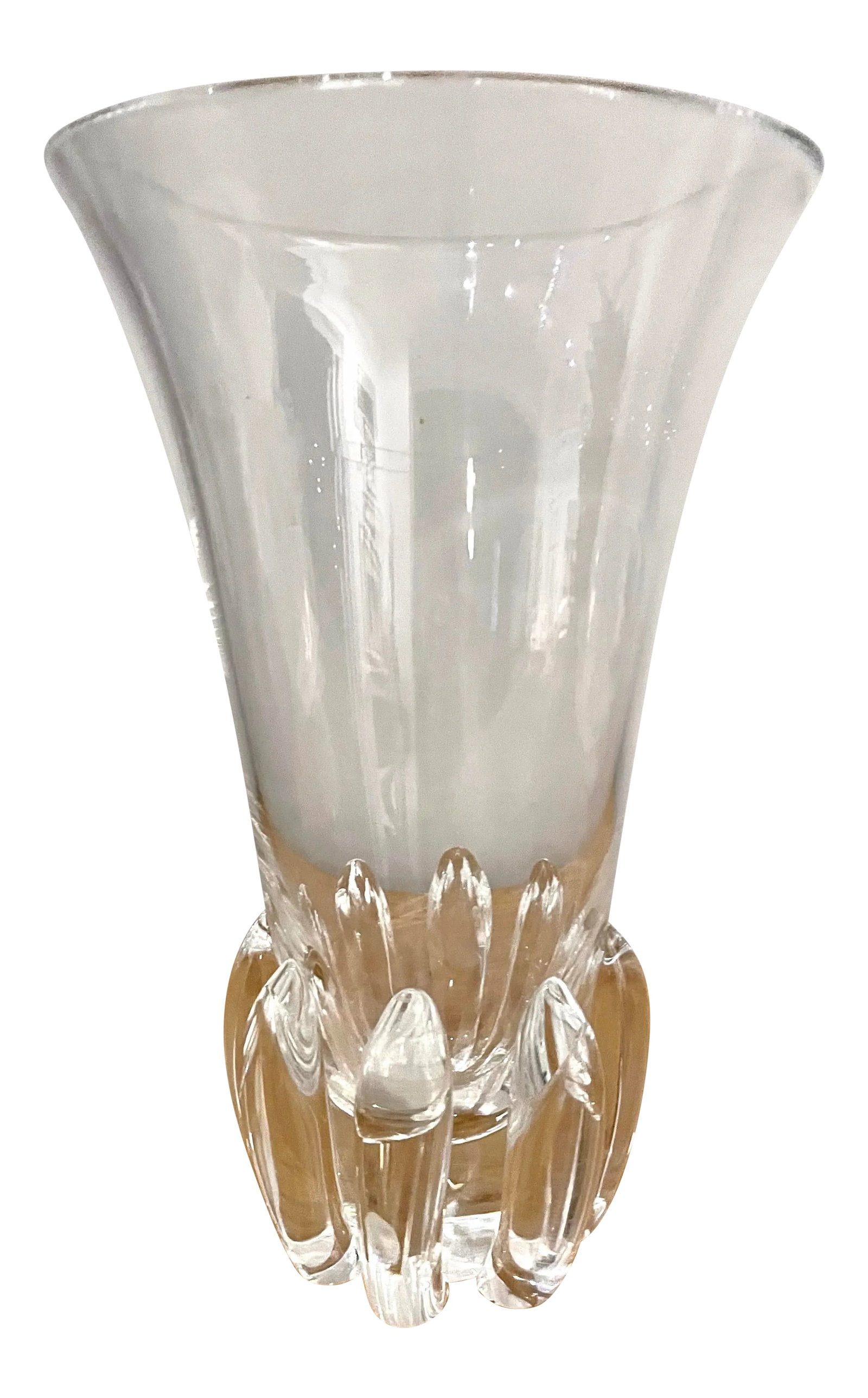 1940s Steuben Crystal Vase With Lotus-Style Base: Steuben crystal vase with lotus-style base. Base has 3" diameter. Condition: Alterations: Original Condition Unaltered Imperfections: Some Imperfections Condition Notes: Vase is in mint condition