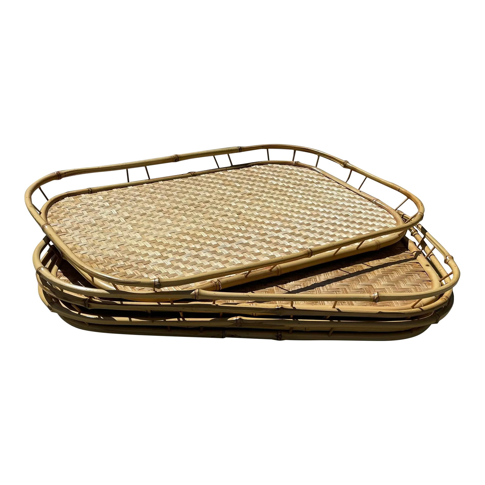 4 Vintage Bamboo Rattan Tiki Boho Serving Trays: Wonderful hand woven chevron detailing with a bamboo rail, rounded corners and wood reinforcement on the base. Condition: Alterations: Original Condition Unaltered Imperfections: Some Imperfections Co