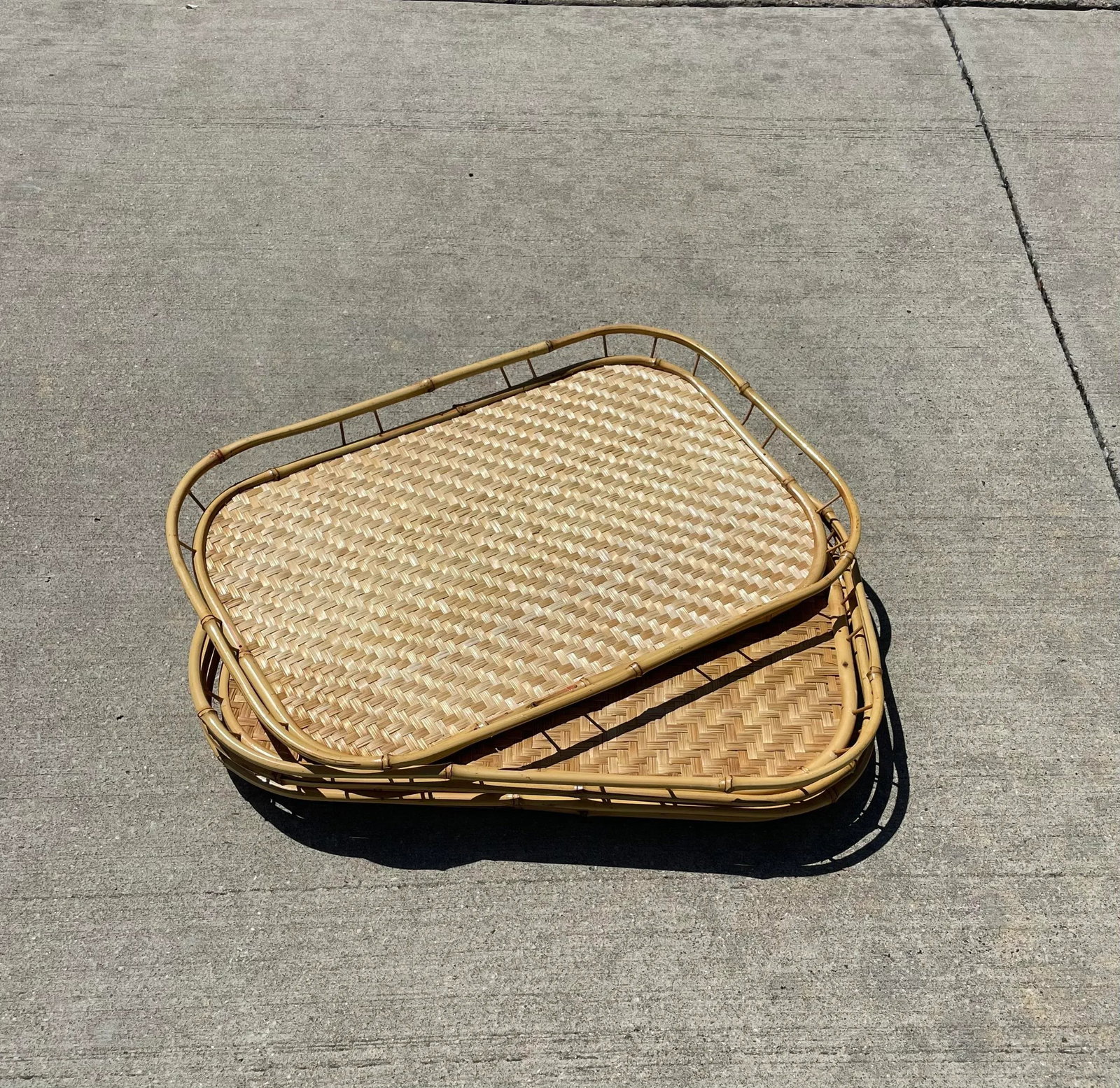 4 Vintage Bamboo Rattan Tiki Boho Serving Trays - 2