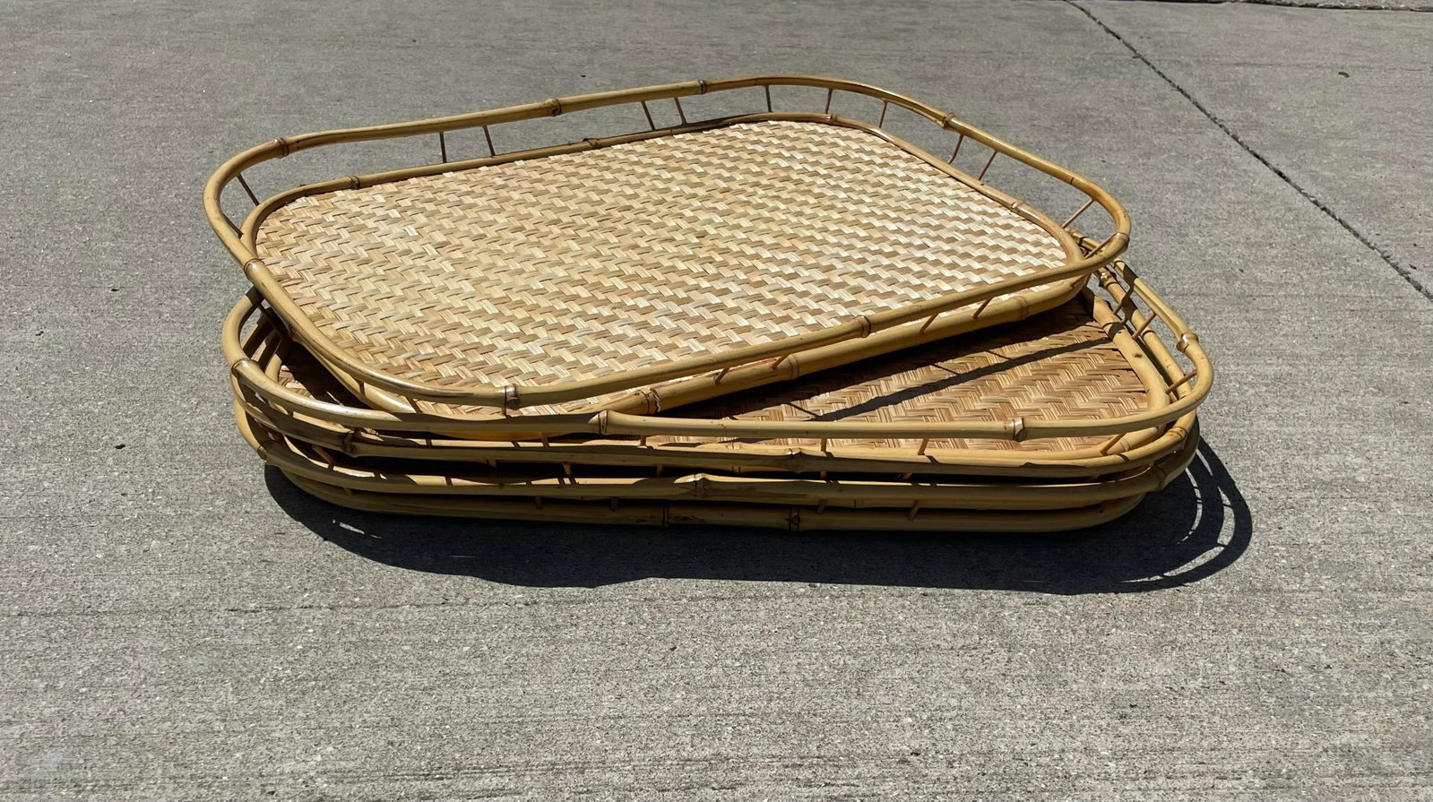 4 Vintage Bamboo Rattan Tiki Boho Serving Trays - 7