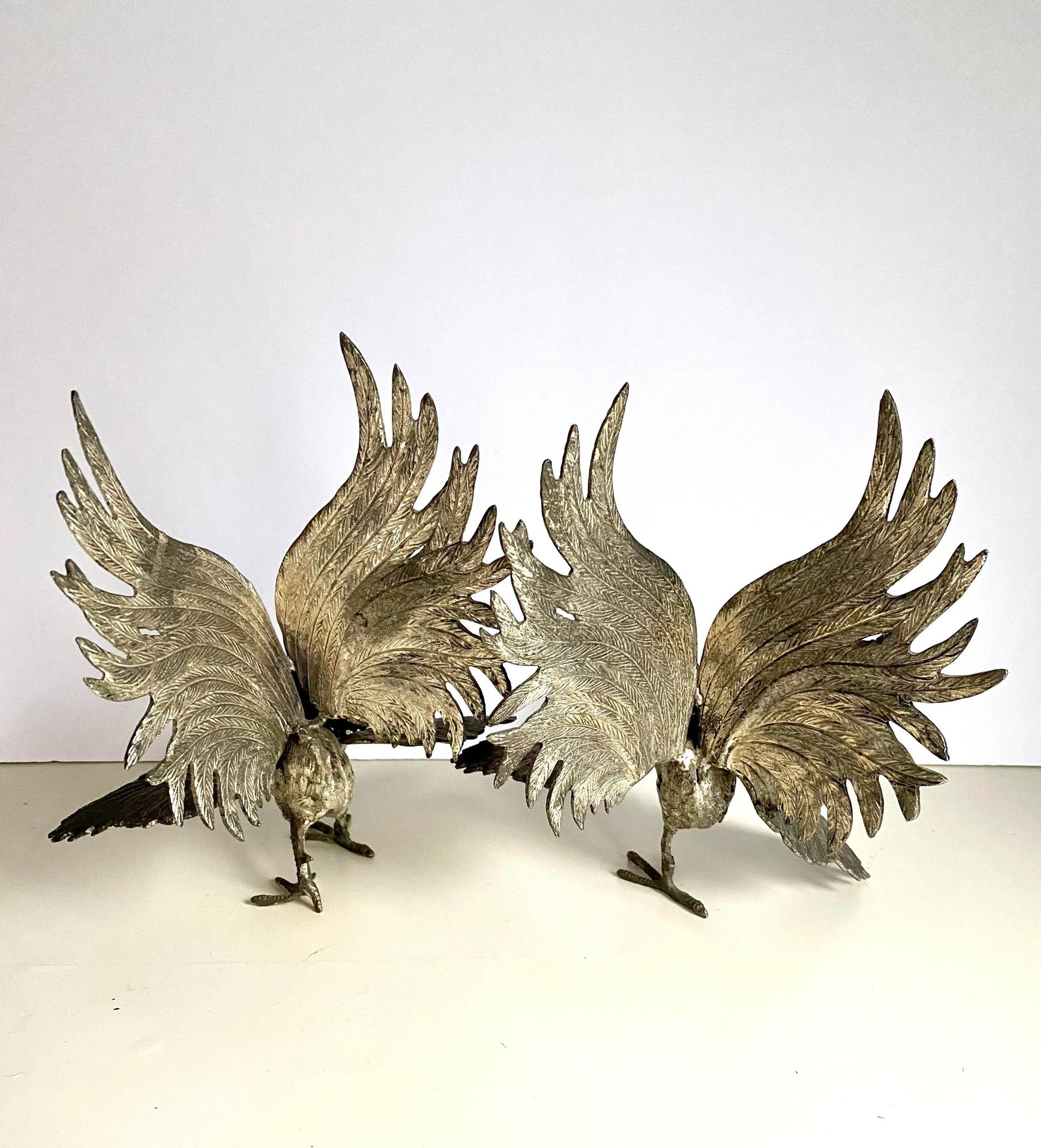 Mid 20th Century Silverplated Bronze Fighting Roosters Figurines -a Pair - 10