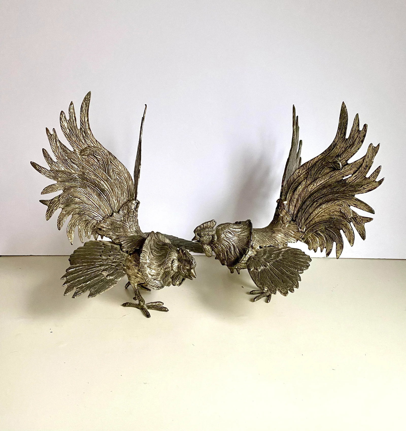 Mid 20th Century Silverplated Bronze Fighting Roosters Figurines -a Pair - 11