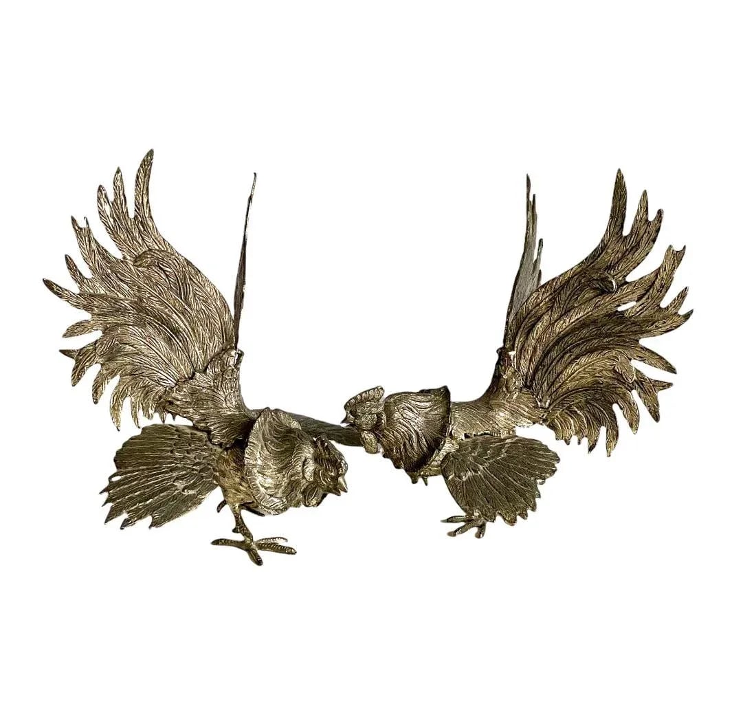 Mid 20th Century Silverplated Bronze Fighting Roosters Figurines -a Pair - 12