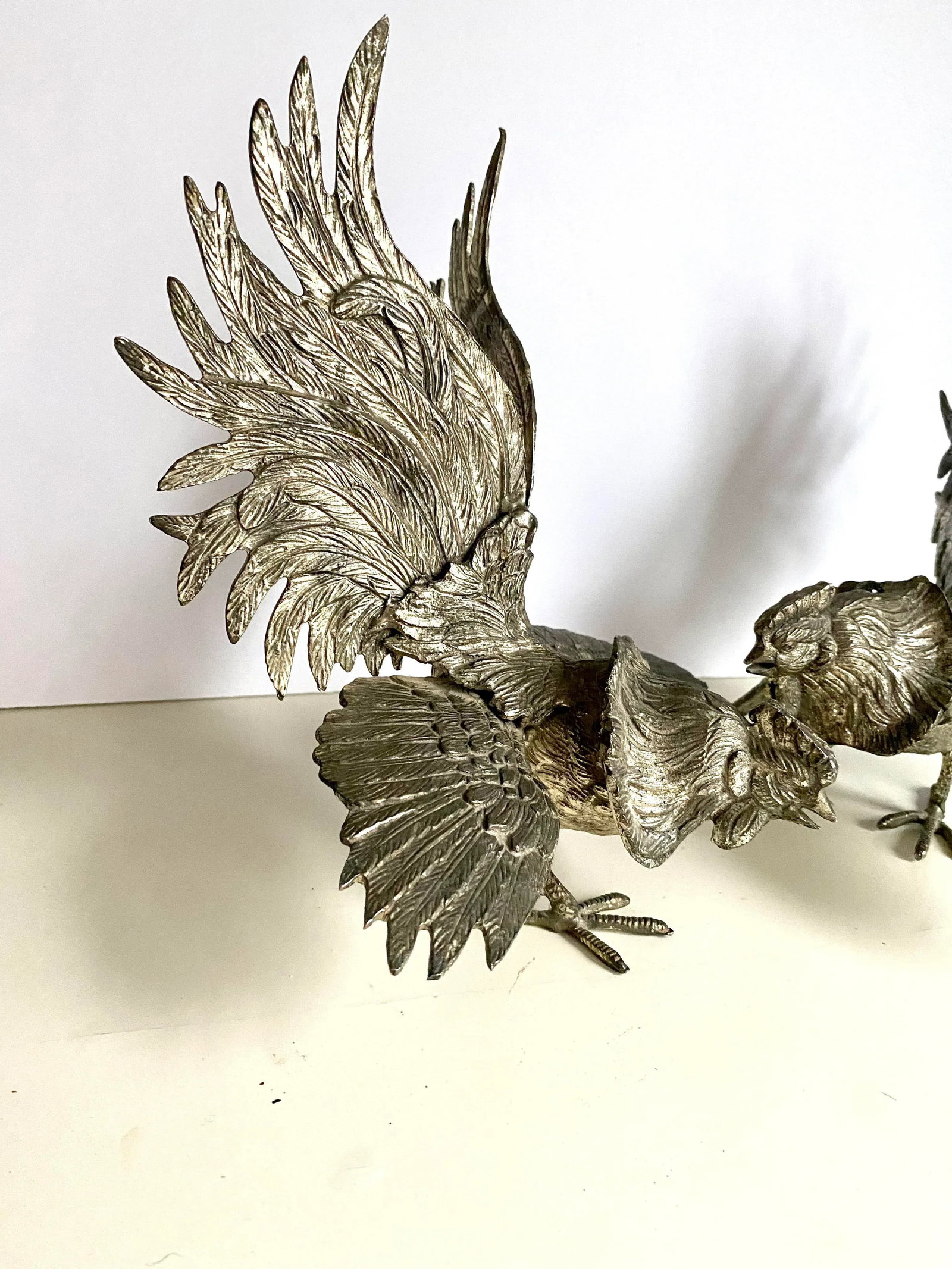 Mid 20th Century Silverplated Bronze Fighting Roosters Figurines -a Pair - 2