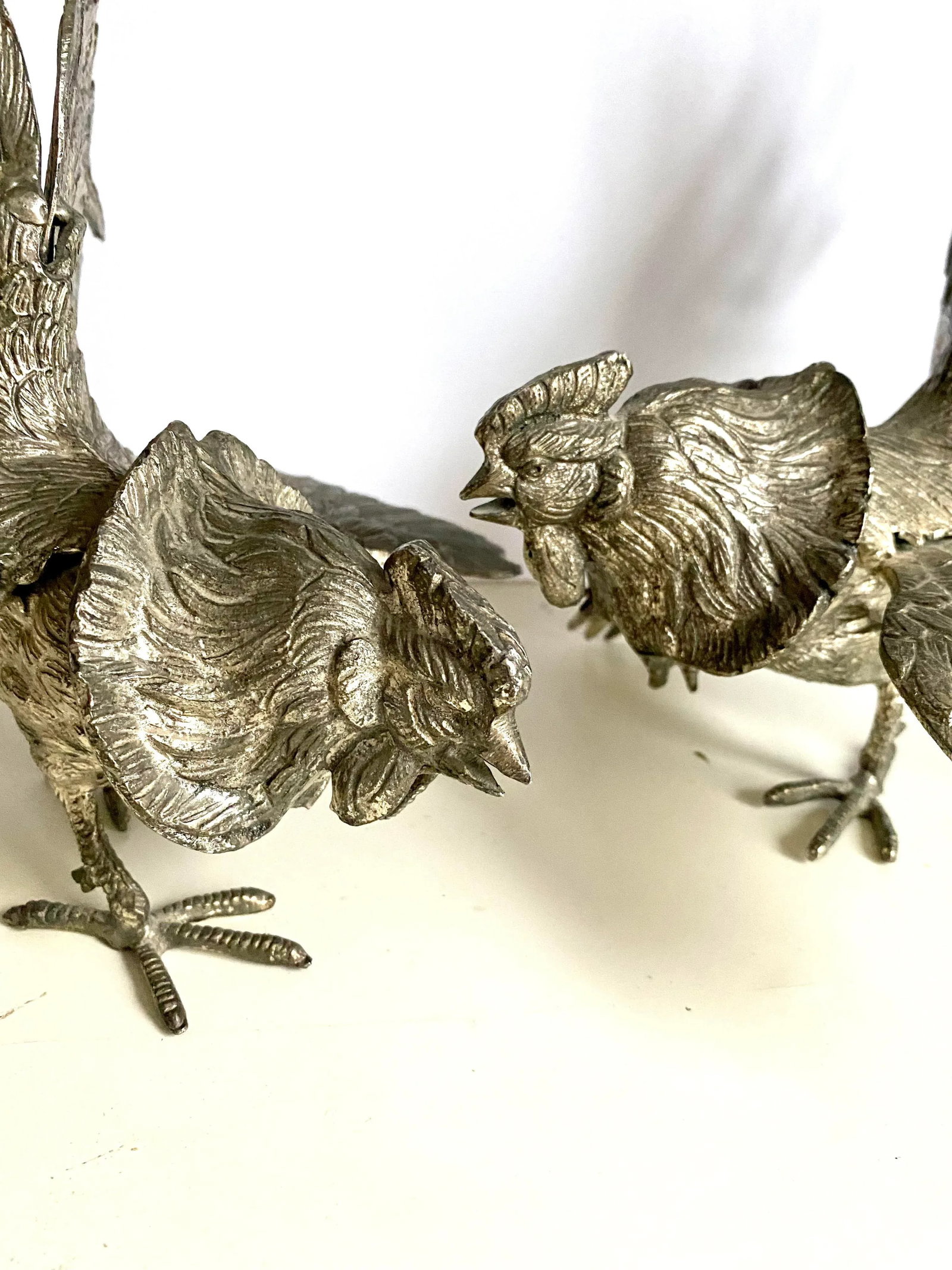 Mid 20th Century Silverplated Bronze Fighting Roosters Figurines -a Pair - 6