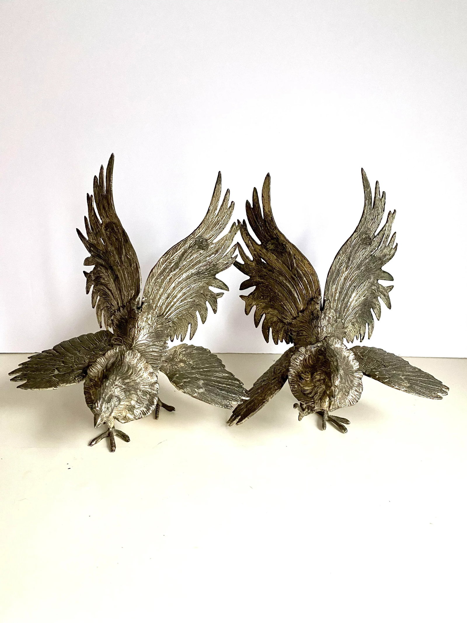 Mid 20th Century Silverplated Bronze Fighting Roosters Figurines -a Pair - 7
