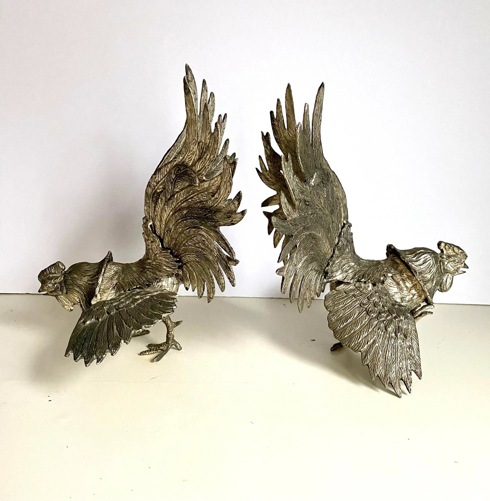 Mid 20th Century Silverplated Bronze Fighting Roosters Figurines -a Pair - 8