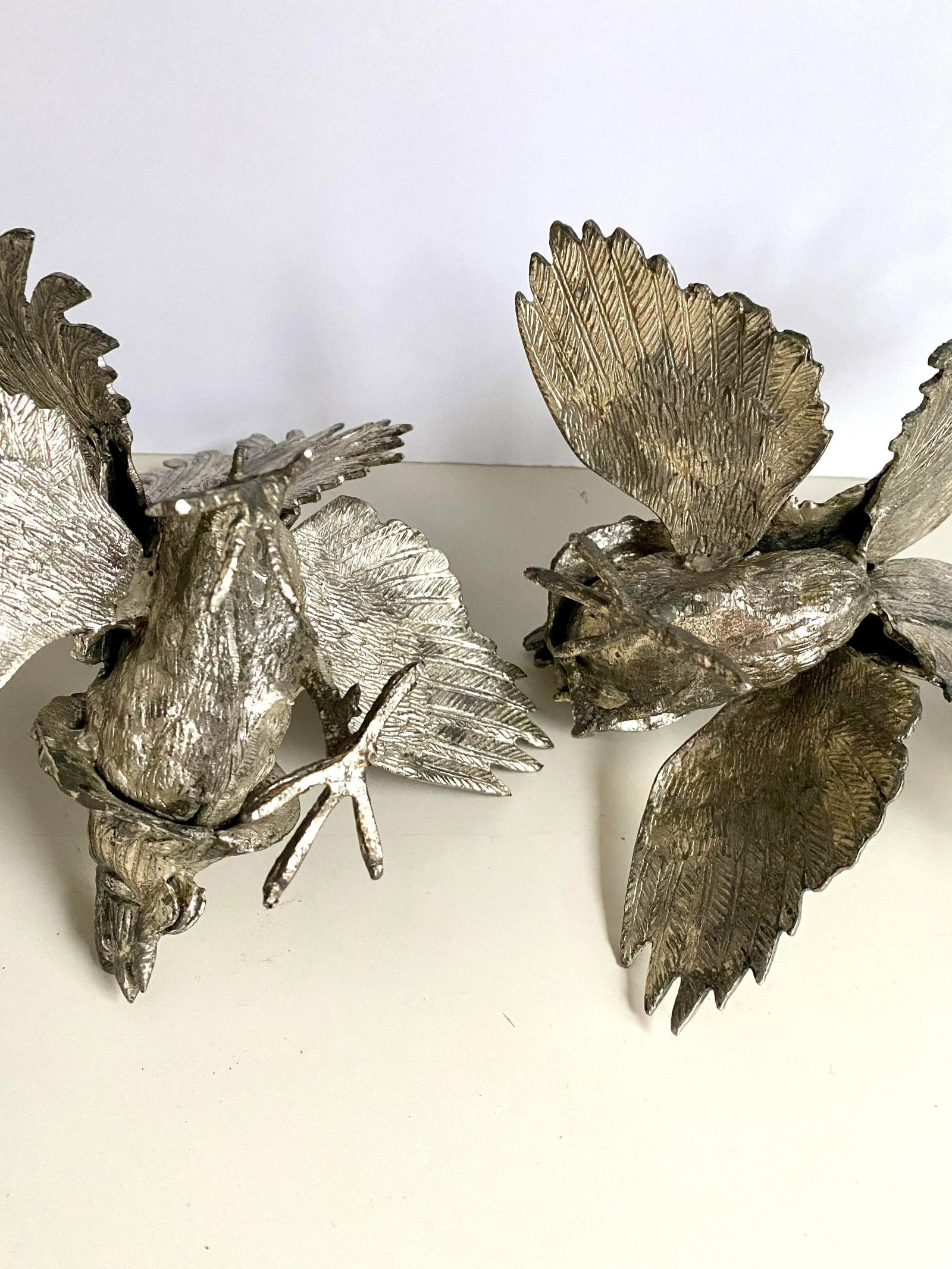 Mid 20th Century Silverplated Bronze Fighting Roosters Figurines -a Pair - 9