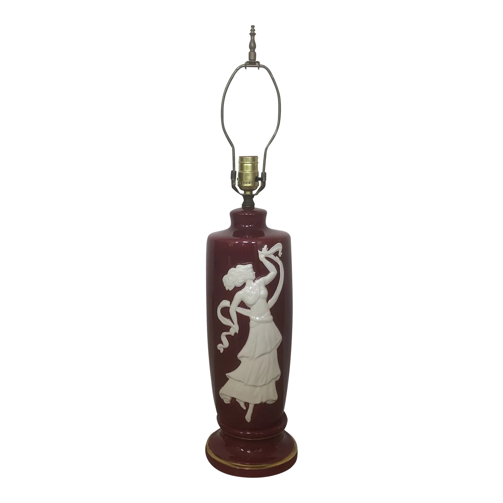 Vintage Mid-Century Modern Art Deco Ceramic Table Lamp With Dancing Woman: Midcentury Ceramic Table Lamp With Dancing Woman. This lamp is in excellent vintage condition. It is made of ceramic and is painted maroon or burgundy with a gold painted rim on the base. On the