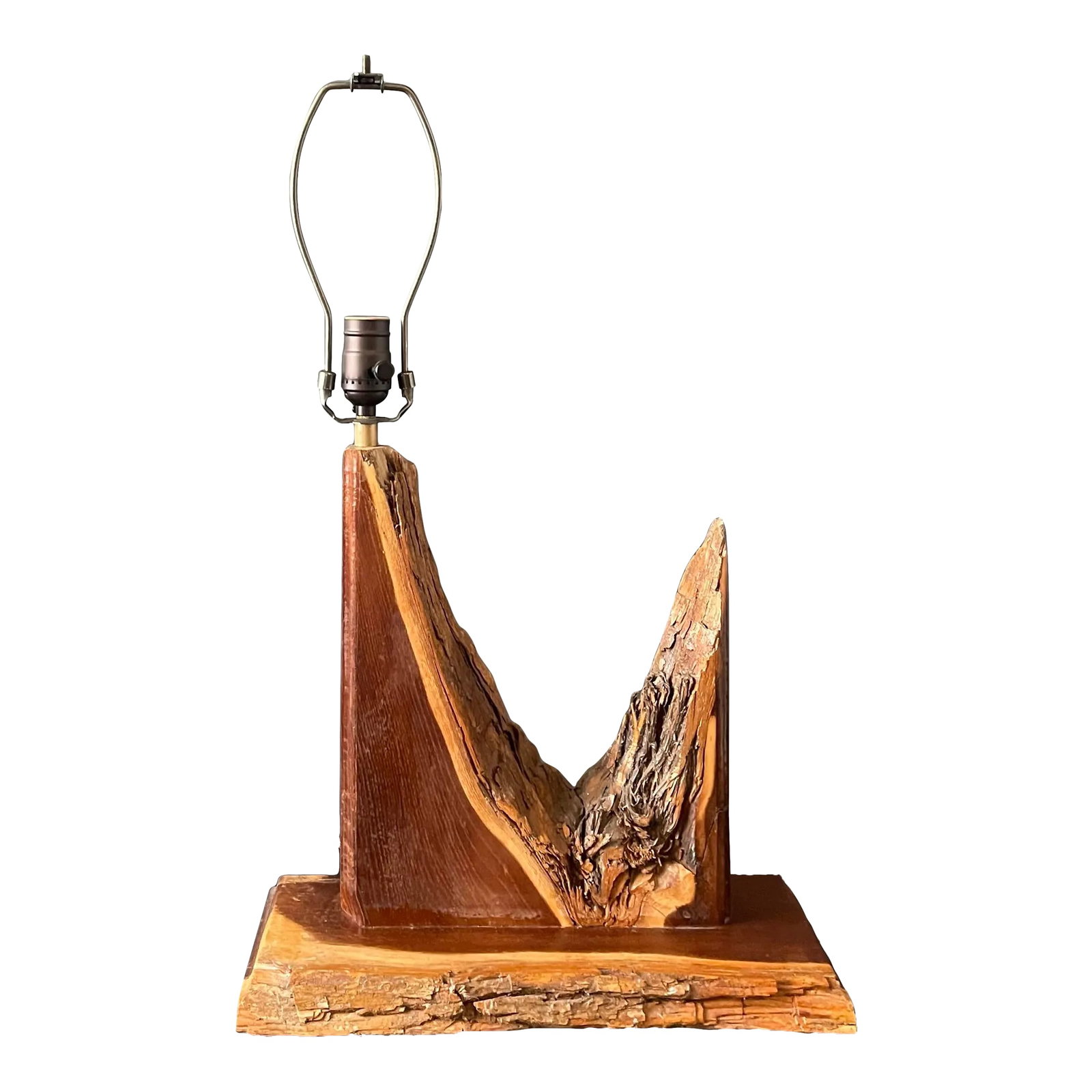 1970's Rustic Handcrafted Table Lamp: Wonderful, handcrafted 1960's wood table lamp, newly rewired made from salvaged material. Stamped "Handcrafted Gayle H Adams" on back. Shade is not included, but harp and finial is. The height of 17" 