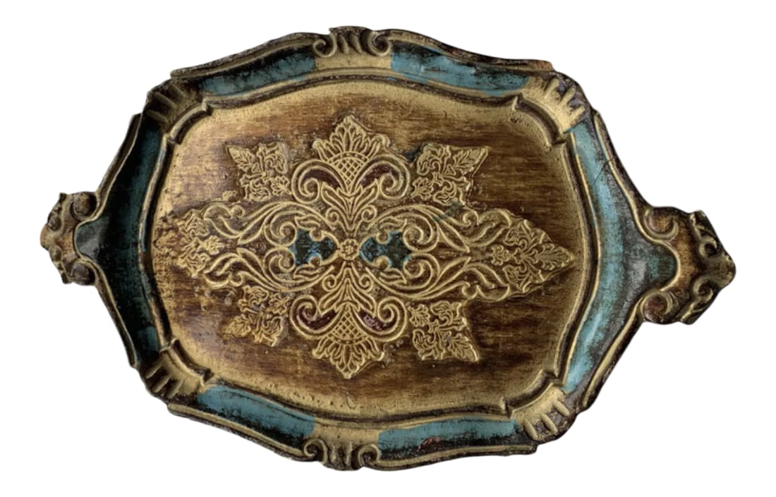 Vintage Florentine Gilded Wooden Tray From Italy: Florentine Italian tray with painted accents Condition: Alterations: Original Condition Unaltered Imperfections: Some Imperfections Condition Notes: One small area that is chipped but otherwise and
