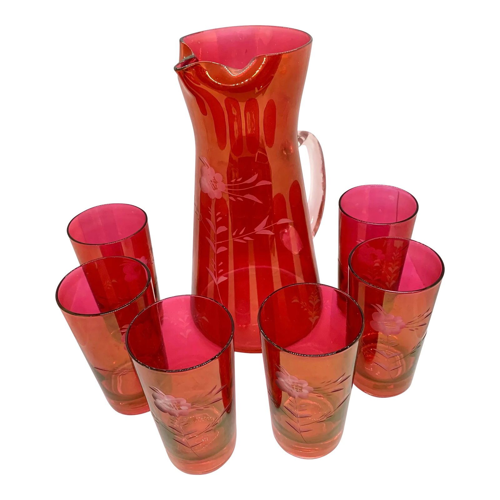 Vintage Bohemian Czech Etched Pink Cranberry Glass Pitcher with Glasses- 7 Pieces: Beautiful set of Vintage Cranberry Glass Pitcher W/ 6 Glasses. No chips or scratches. Perfect for your next cocktail party or iced tea or lemonade on the front porch. 6 Tumblers in a Gorgeous color an