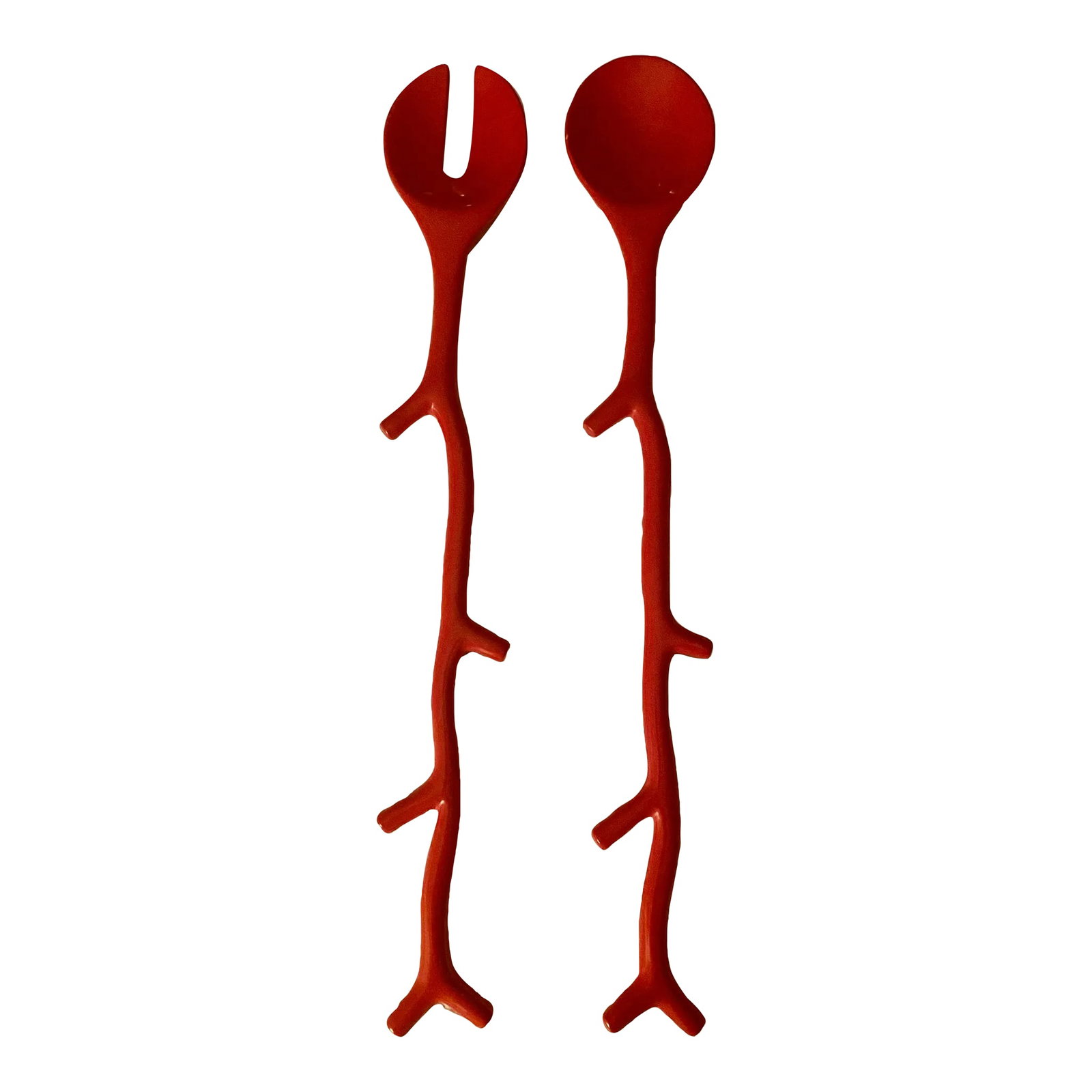 Nautical Coastal Red Lacquered Coral Salad Serving Set: A set of red lacquered wood coral salad serving pieces. Exquisitely made to look like coral branches the dimensions are 14.5" long and 2.5" across the ends. Excellent condition with one tiny nick that