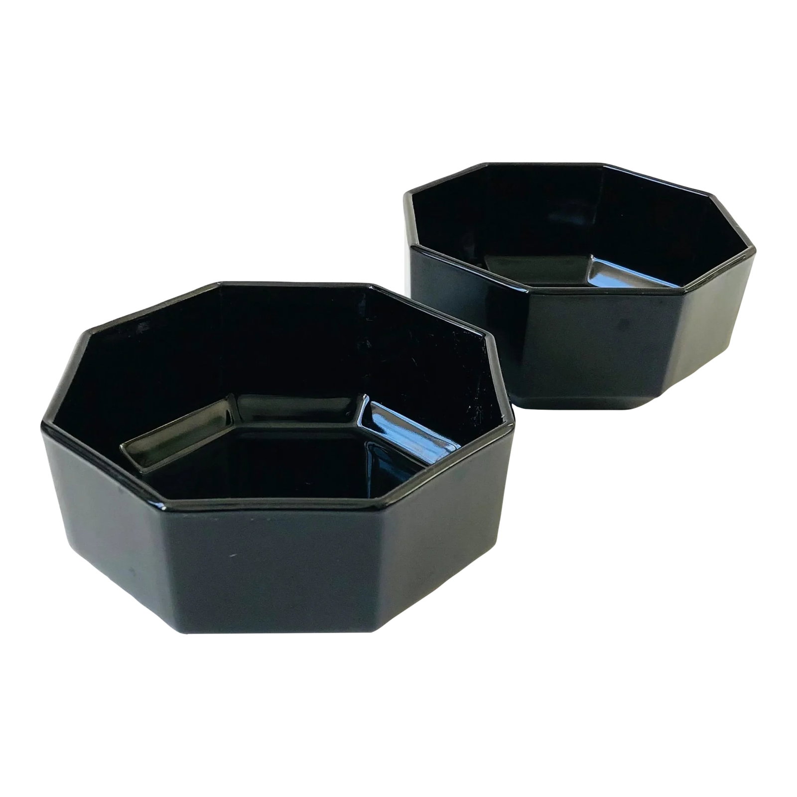 Pair of Vintage Black Octagon Snack Bowls by Arcoroc France: A pair of vintage black octagon bowls. Made out of black milk glass. Great postmodern design and geometric angles. Made in France by Arcoroc in the "Octime" pattern. Smaller size for using to serve