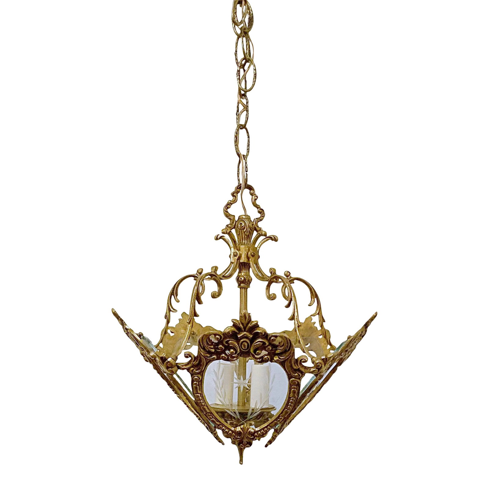 1930s Vintage Bronze Lantern With Etched Glass Panels: Portuguese Bronze Lantern With Five Etched Glass Panels. 2 lights with candelabra base socket. Each holds 75W each. #285 Condition: Alterations: Original Condition Unaltered Imperfections: Some