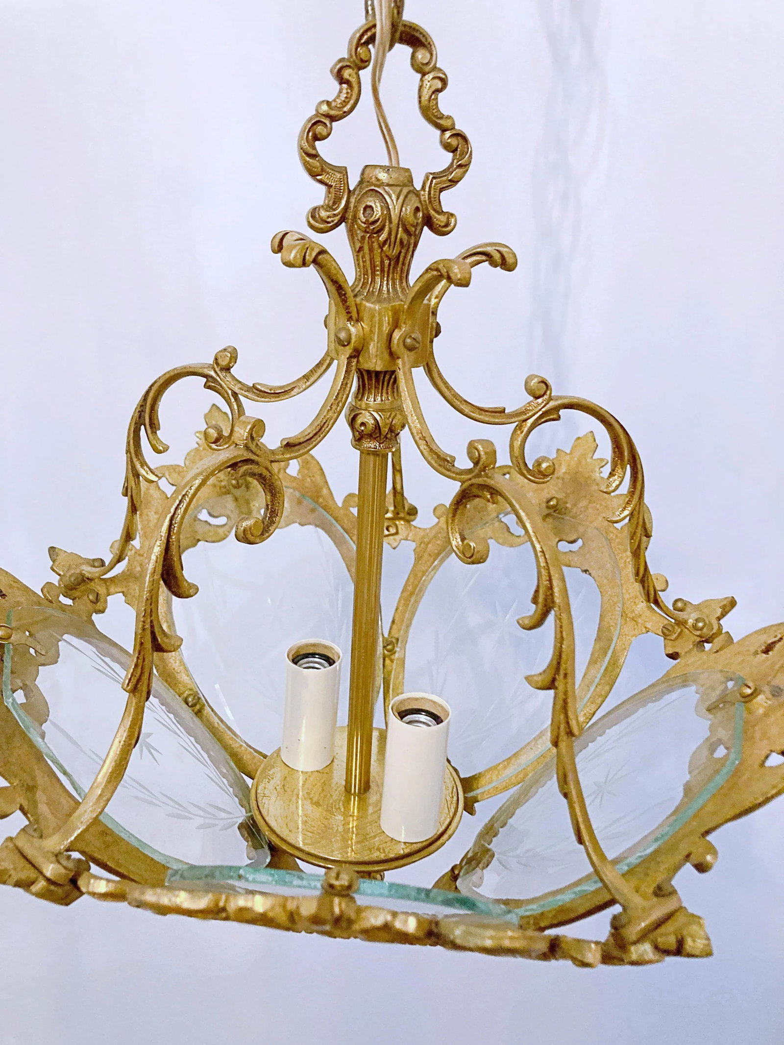 1930s Vintage Bronze Lantern With Etched Glass Panels - 7